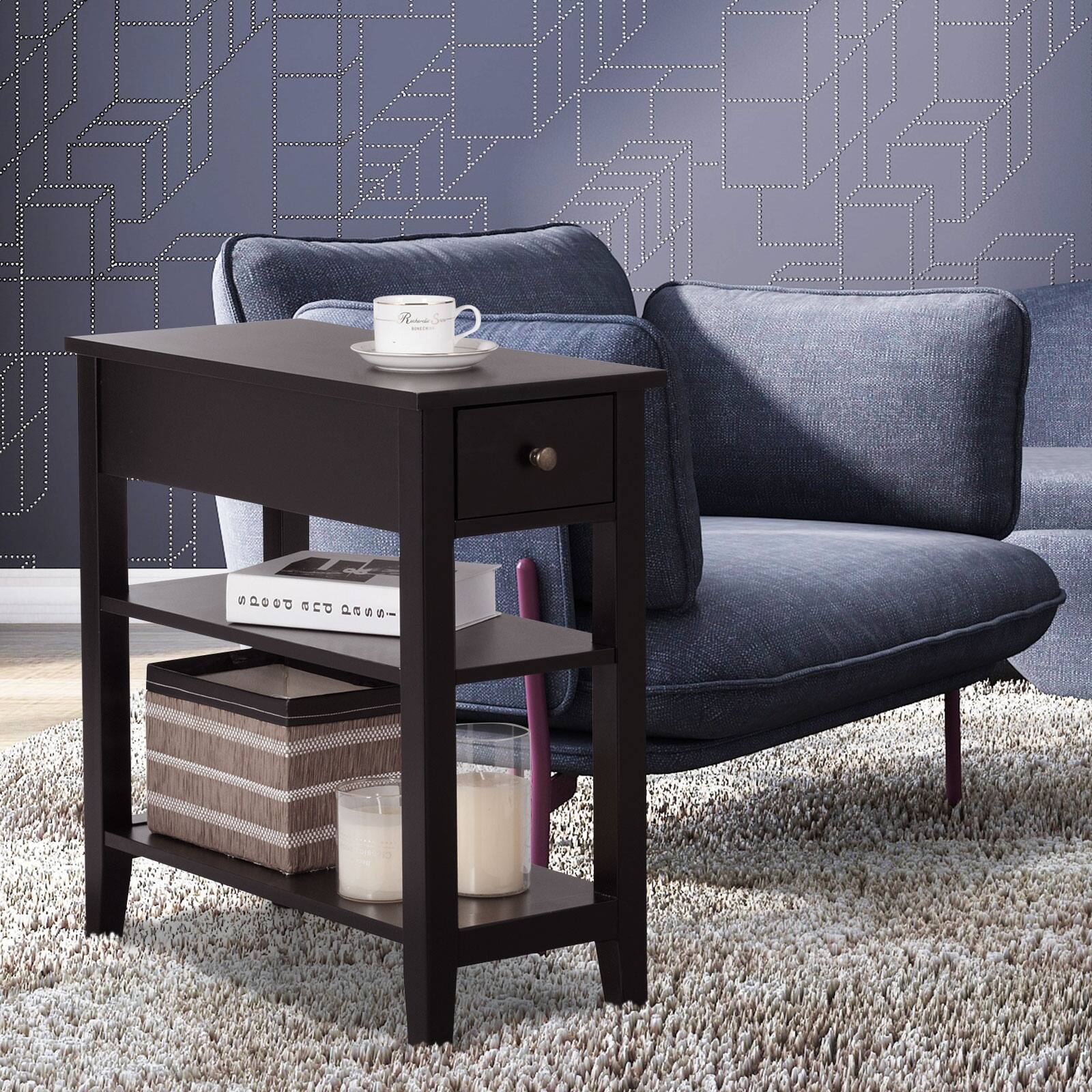 Angle. SlickBlue - 3-Tier End Table with Drawer Slideway and Double Storage Shelves for Living Room - Brown.