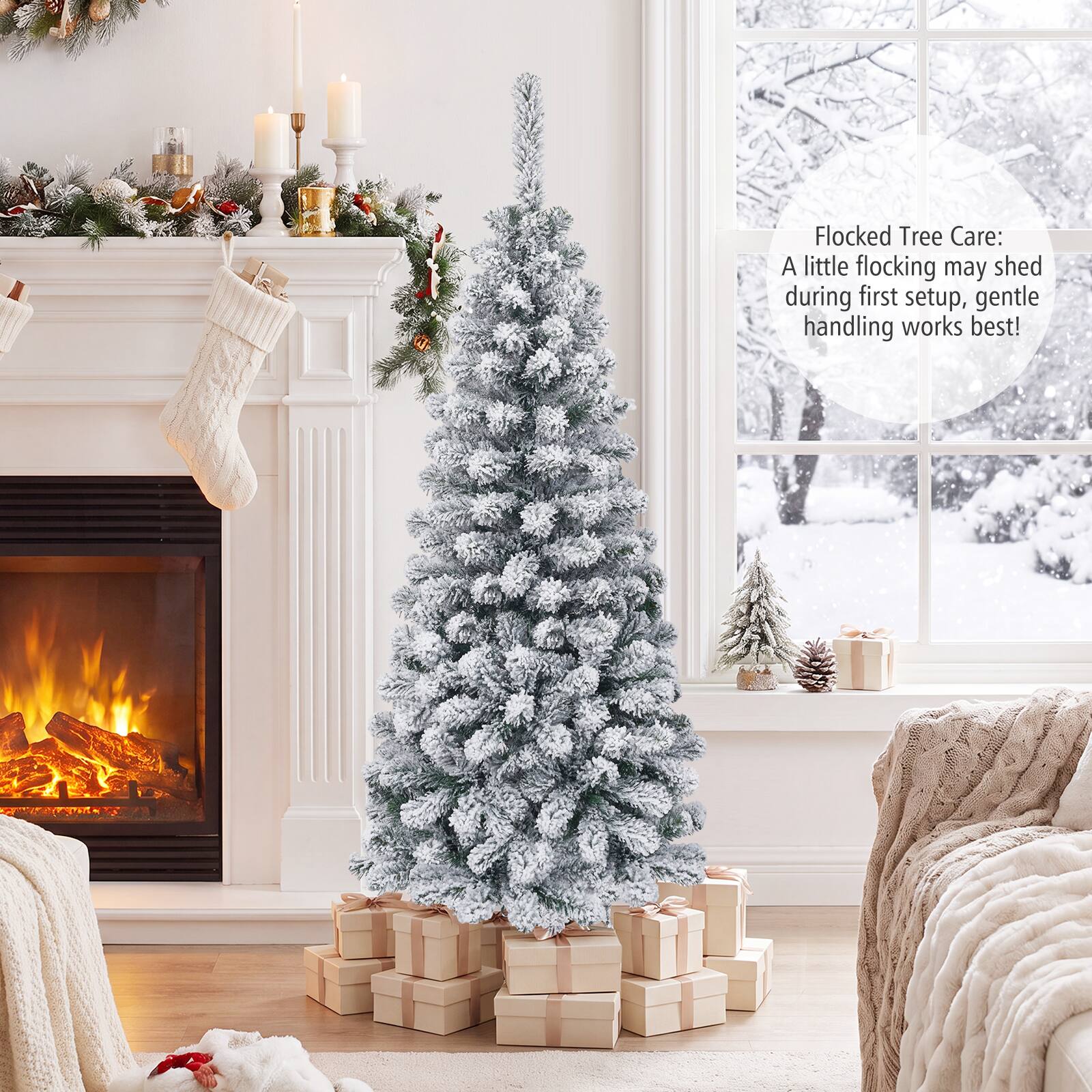 Flocked Tree Care: A little flocking may shed during first setup, gentle handling works best!