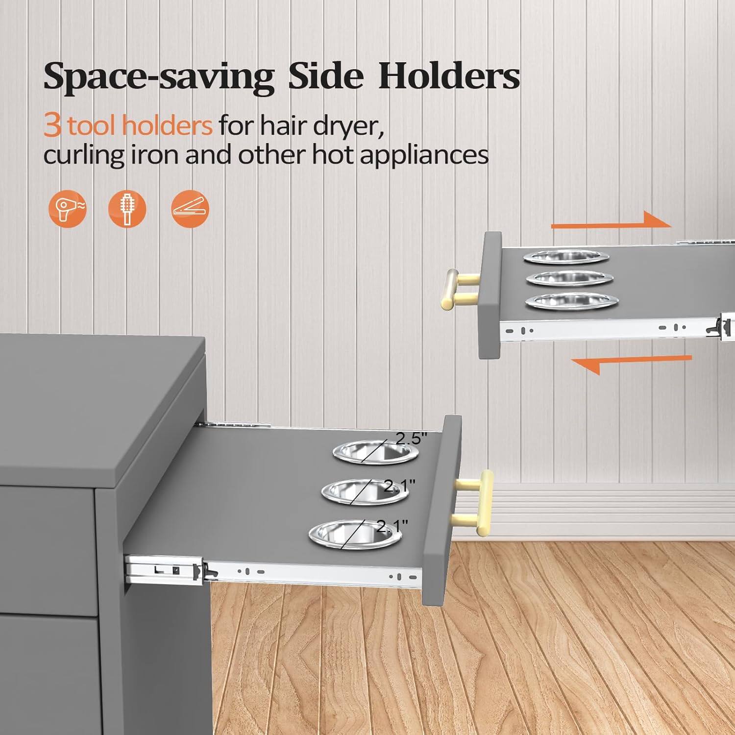 Space-saving Side Holders

3 tool holders for hair dryer, curling iron and other hot appliances

2.5"  
2.1"  
2.1"