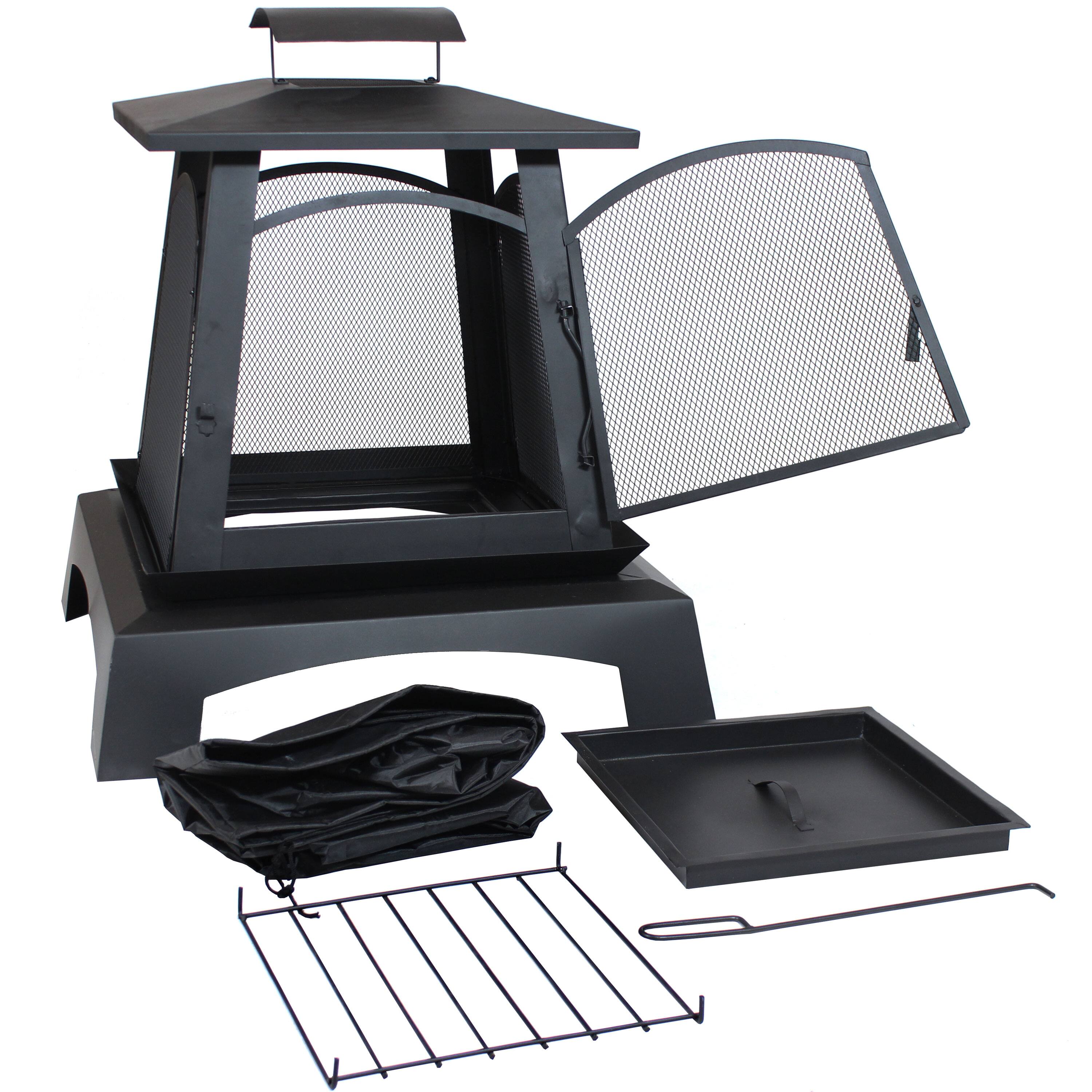 Alt View 4. Sunnydaze - 32 in Pagoda Style Steel Fire Pit with Log Grate and Poker - Black.