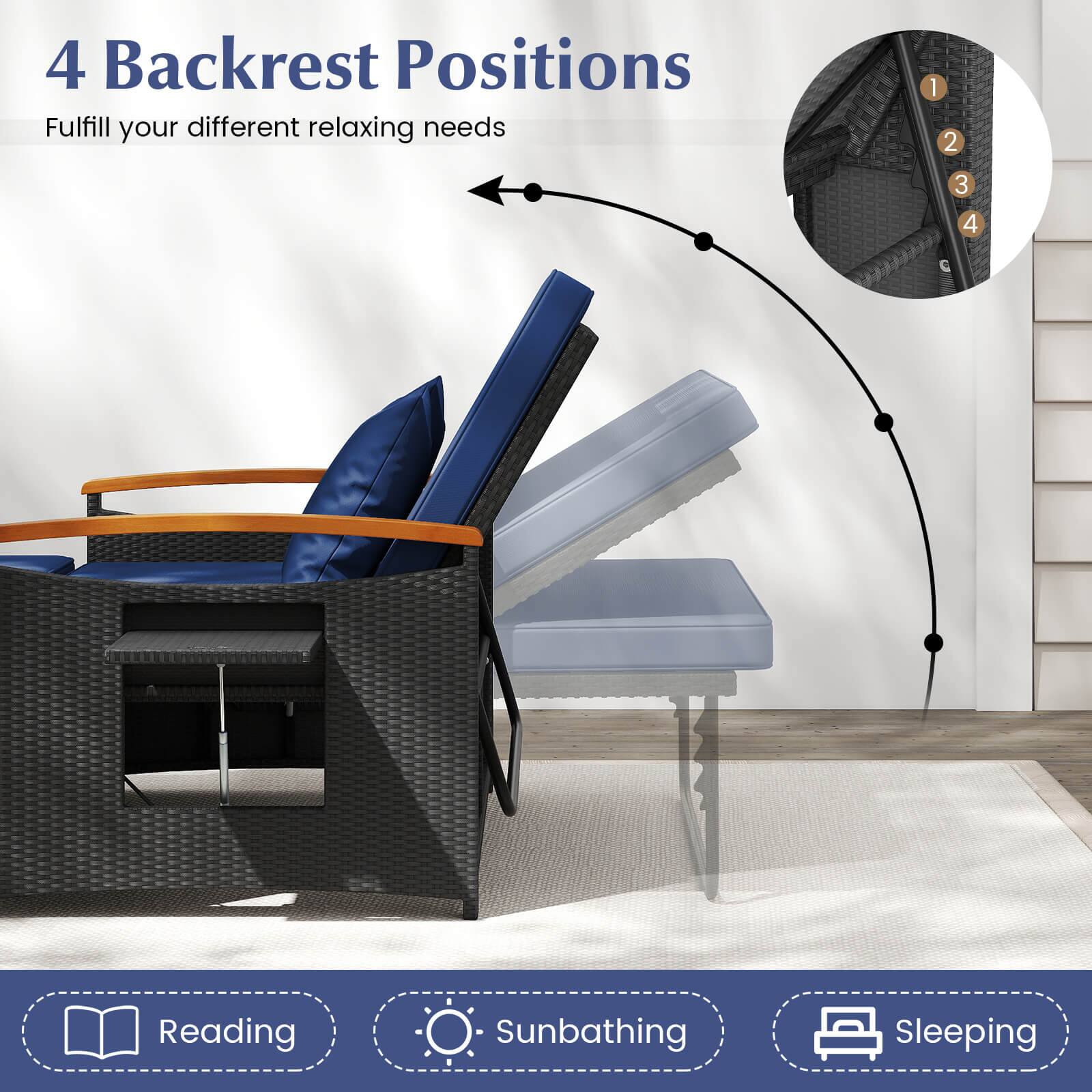 4 Backrest Positions  
Fulfill your different relaxing needs  

1. Reading  
2. Sunbathing  
3. Sleeping