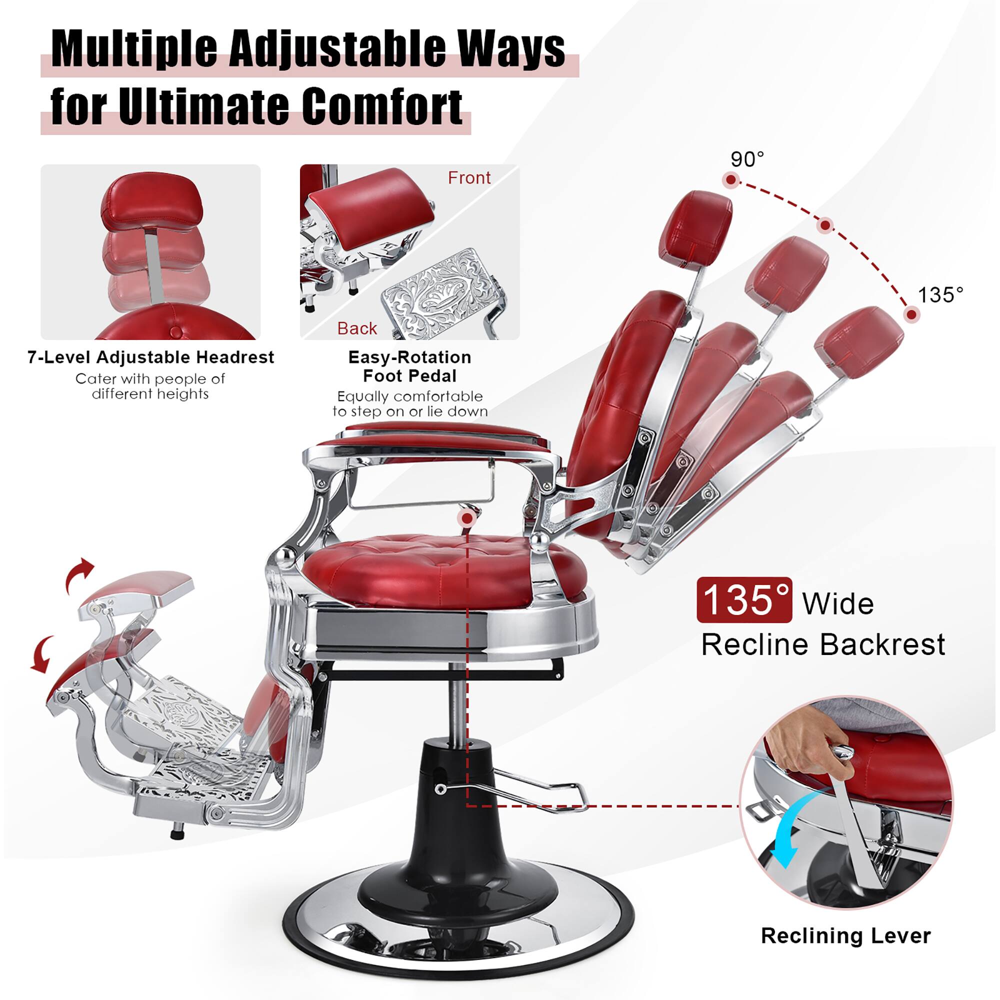 The image features a red chair with a variety of adjustable features for ultimate comfort. These features include a 7-level adjustable headrest, an easy-rotation foot pedal, and a 135-wide recline backrest. The chair is designed to cater to people of different heights, making it equally comfortable to step on or lie down. The chair also has a reclining lever, allowing for adjustable back support.