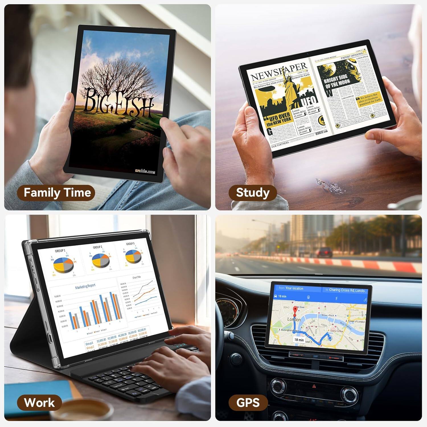 Sure, here is the corrected and grouped text from the image:

**Family Time**
- BIGFISH

**Study**
- NEWSHAPER
  - "UFO OVER THE NEW YORK"
  - "BRIGHT SIDE OF THE MOON"
  - "EVERYTHING YOU NEED TO KNOW ABOUT THE MOON"

**Work**
- GROUP 1
- GROUP 2
- GROUP 3
- Marketing Report
  - Deals
  - Revenue
  - Expenses
  - Profit
- Date: 2023-03-01
- Revenue: $42,000
- Expenses: $21,000
- Profit: $21,000

**GPS**
- From Your location
- To: Charing Cross Rd London
- 18 min
- 18 min