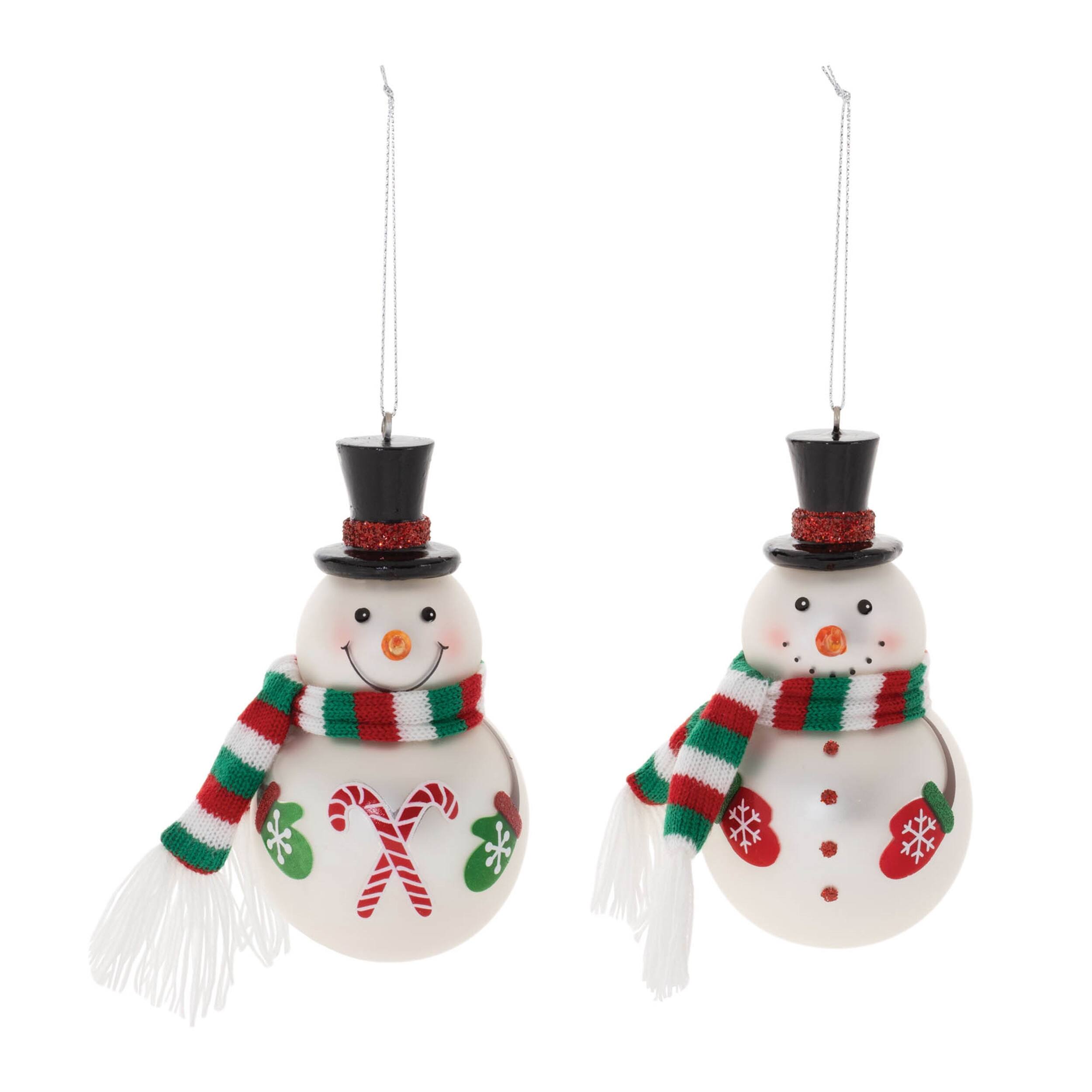 Angle. BreeBe - Frosted Glass Snowman Ornament (Set of 6) - White, Green, Red.