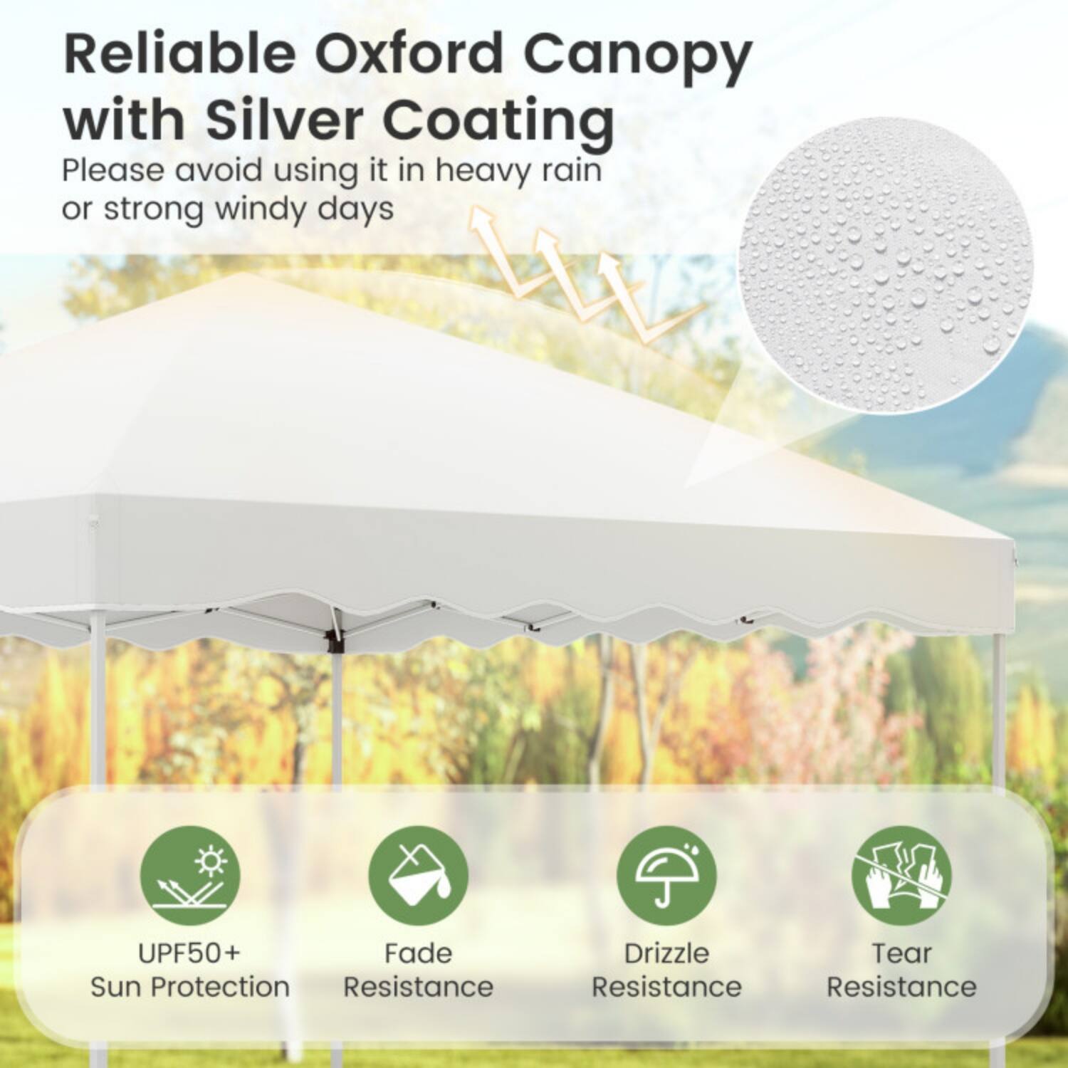 Reliable Oxford Canopy with Silver Coating  
Please avoid using it in heavy rain or strong windy days  

UPF50+ Sun Protection  
Fade Resistance  
Drizzle Resistance  
Tear Resistance