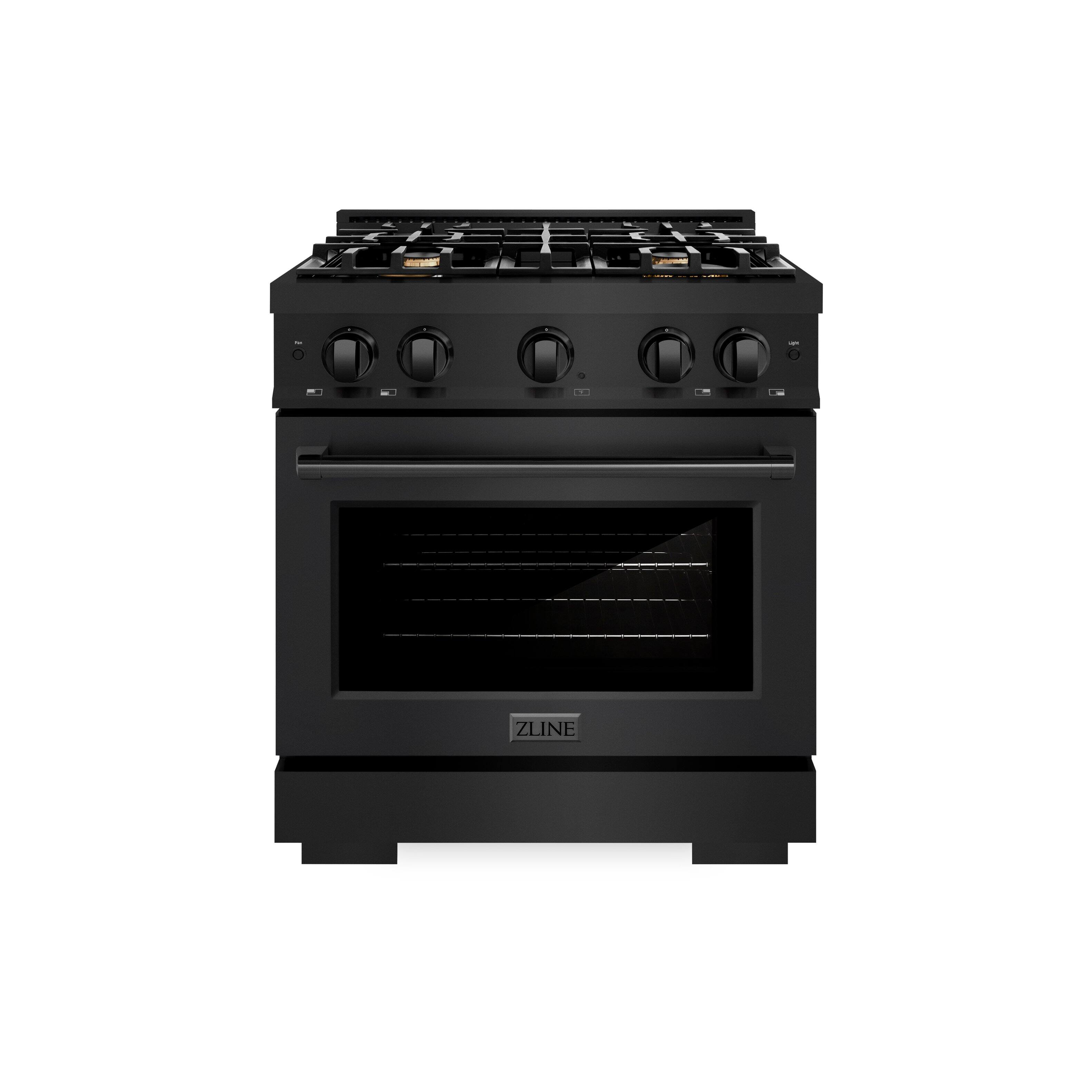 Left. ZLINE - ZLINE 30 in. 4.2 cu. ft. Freestanding Select Gas Range w/ Convection Oven in Black Stainless & 4 Brass Burners - Black Stainless Steel.