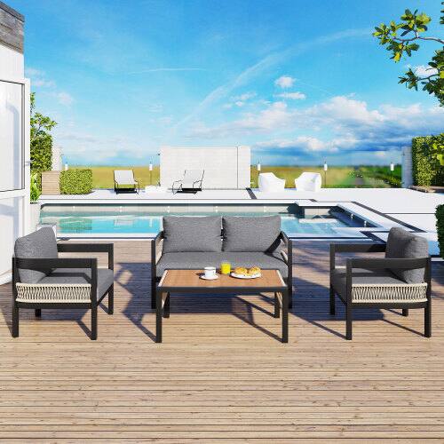 Front. Siljoy - Multi-Seat Outdoor Iron Sofa Set w/ Table, Rattan Decor, Waterproof & Rustproof, Garden & Lawn - Grey.
