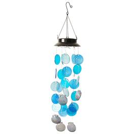 G128 - Solar Sea Shell Wind Chime with Lights Coastal Outdoor Home Garden Patio Decor - Blue