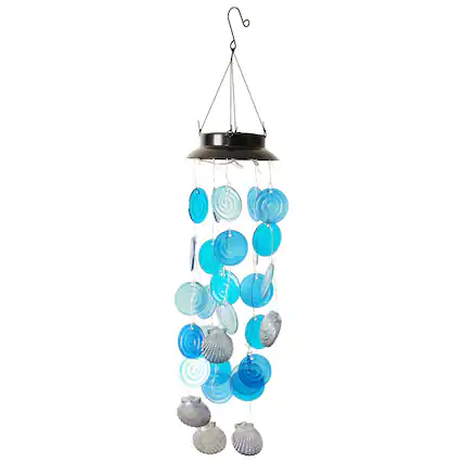 Front. G128 - G128 Solar Sea Shell Wind Chime with Lights Coastal Outdoor Home Garden Patio Decor - blue.