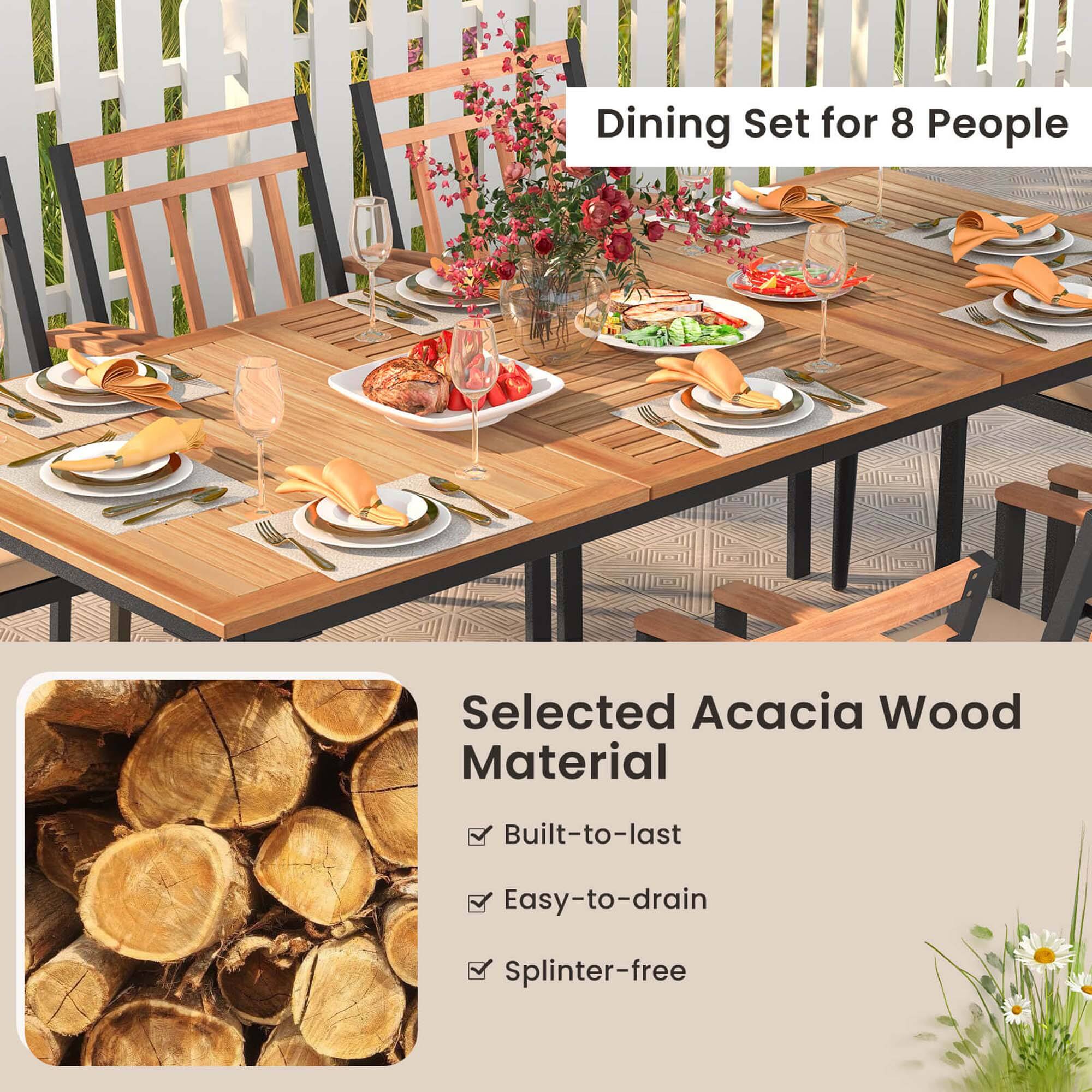 Dining Set for 8 People Built-to-last Easy-to-drain Splinter-free Selected Acacia Wood Material