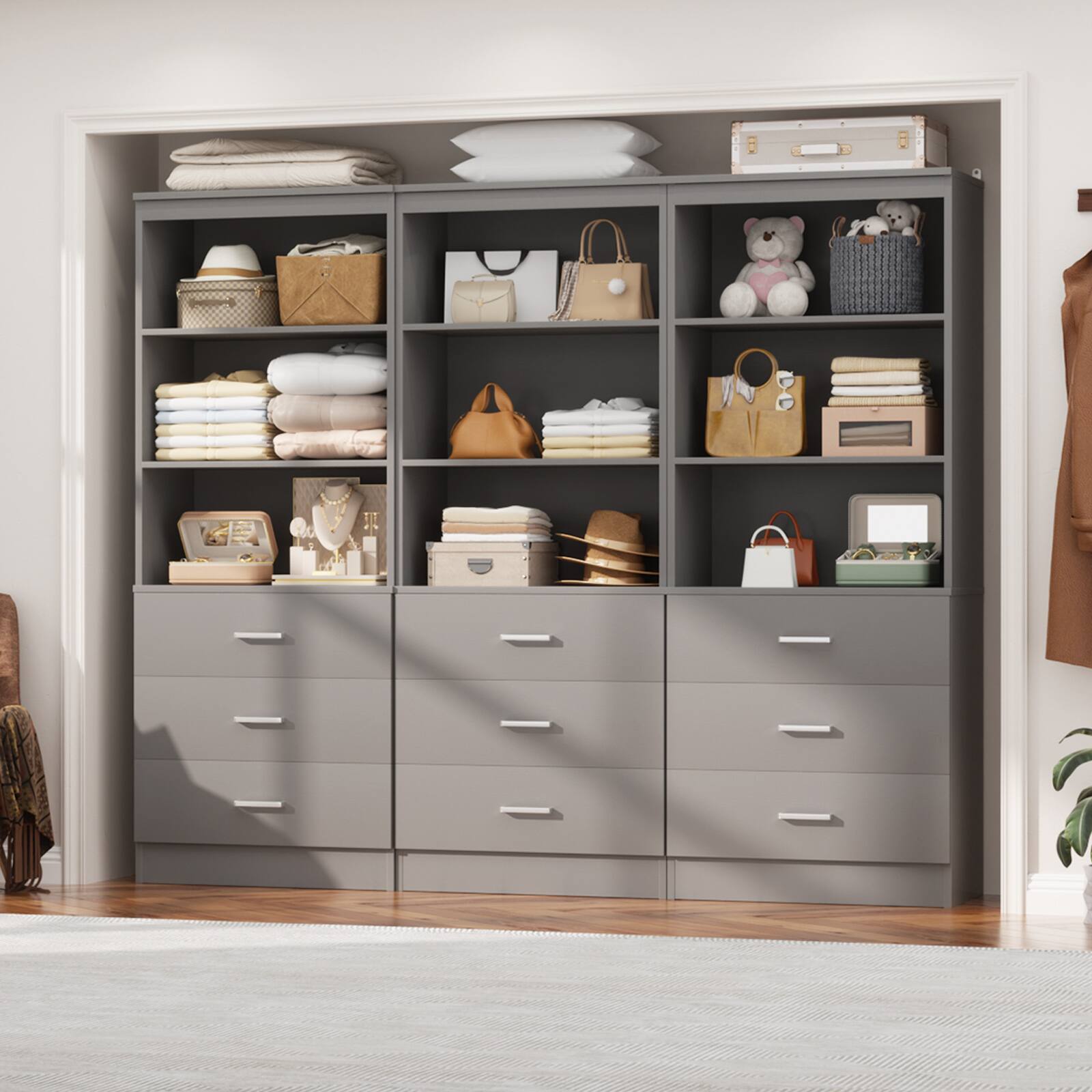 Left. Aheaplus - 71'' Tall Pantry Cabinet, Freestanding Kitchen Storage Cabinet with 3 Drawers and Shelves, 3 Pack - Gray.