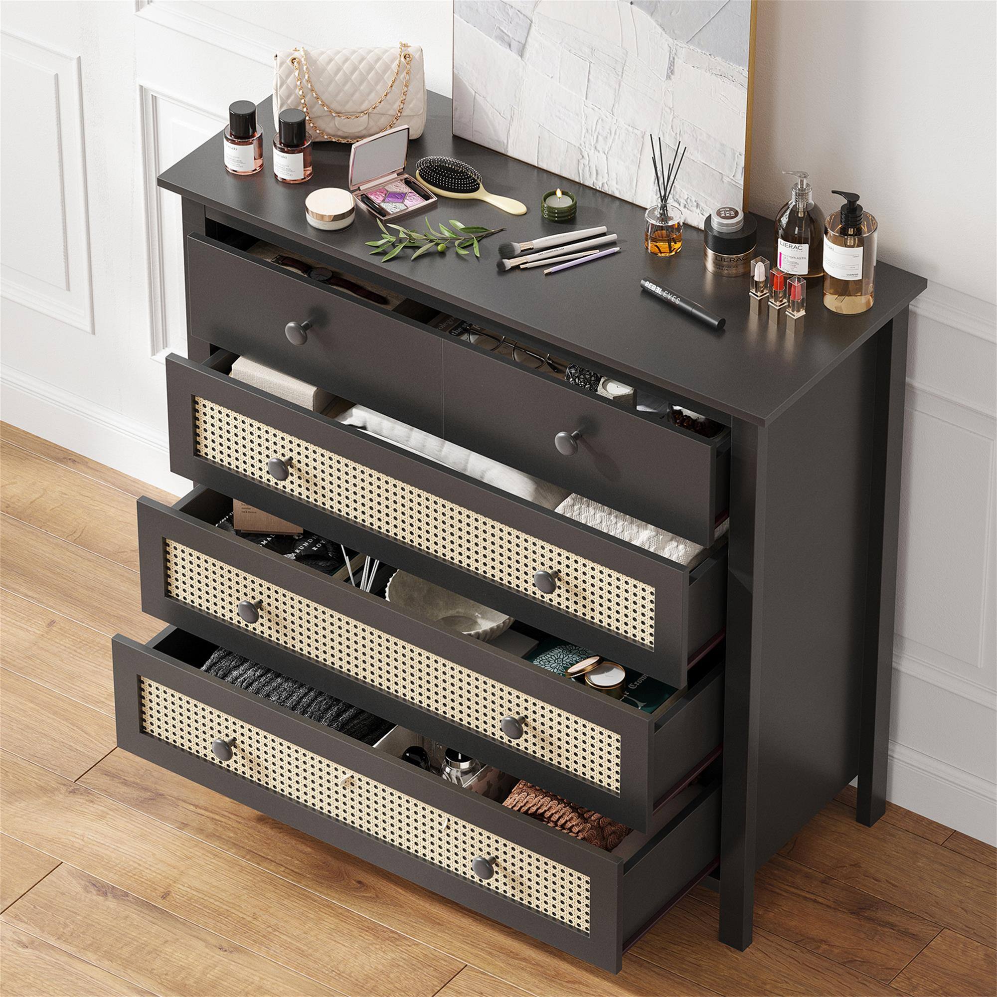 Alt View 2. Boyel Living - Black Sideboard Buffet Cabinet with 4 Drawers Modern Wooden Console Cabinet - Black.