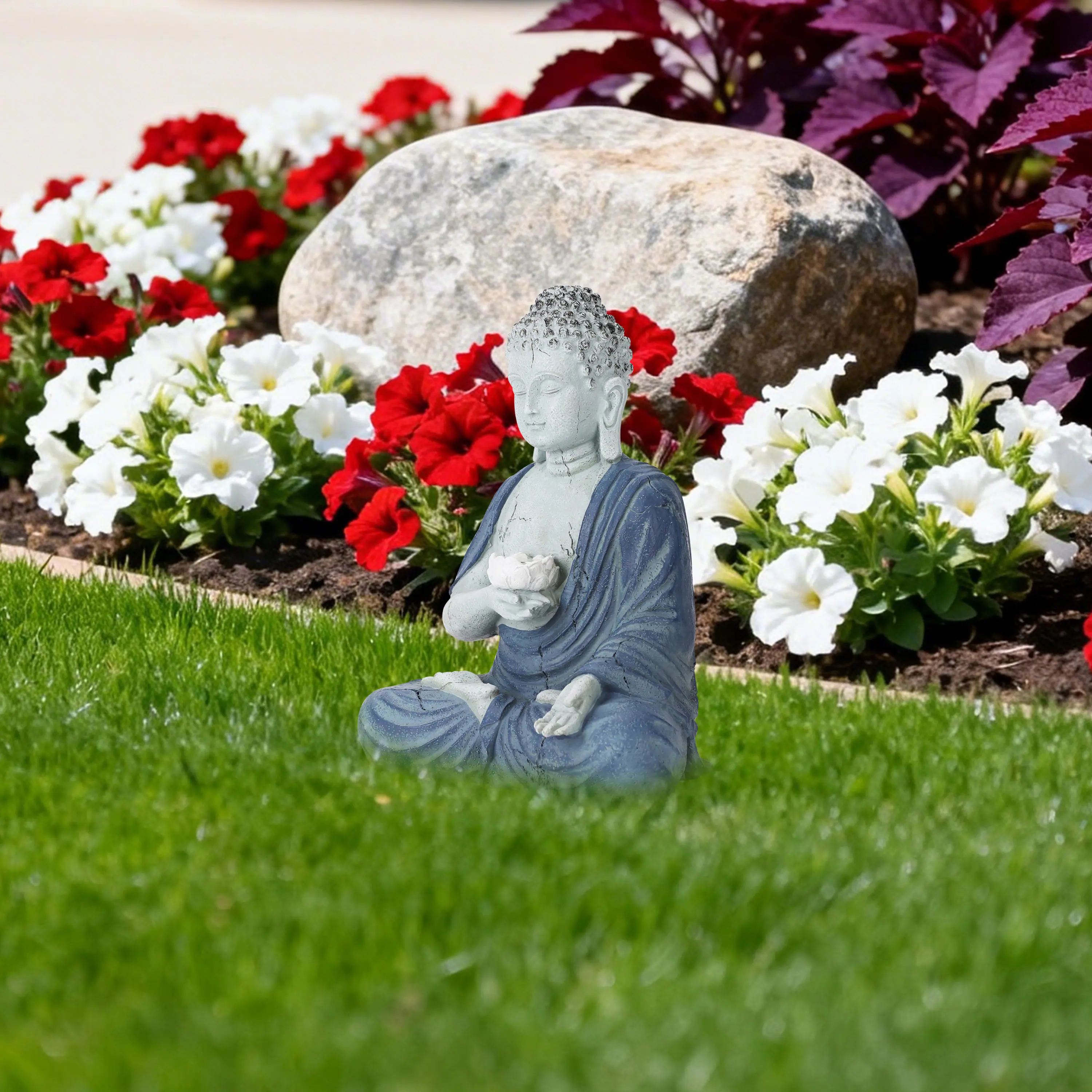 Angle. Techko - Outdoor Solar Buddha Lotus Garden Statue with Integrated LED Light.
