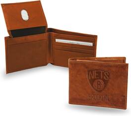 Rico Industries - Brooklyn Nets Basketball Brown Leather Embossed Bifold Passcase Wallet - Multi