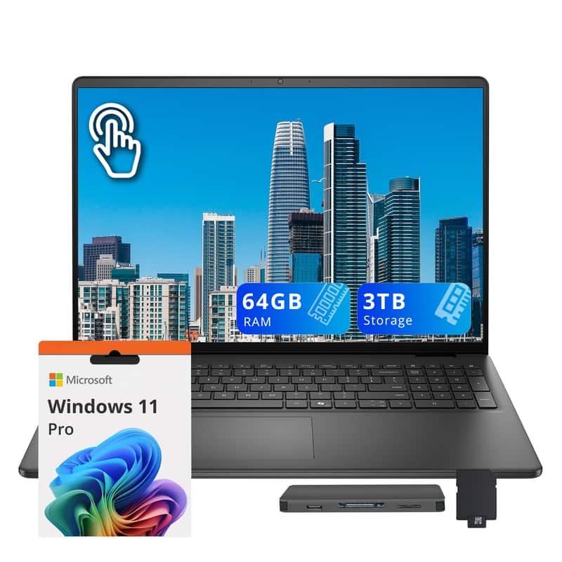 Dell - 16" FHD+ Touchscreen Laptop,Intel Core 7 150U,64GB RAM,2TB SSD+1TB Docking Station,Backlit Keyboard,Win11 Pro - Black