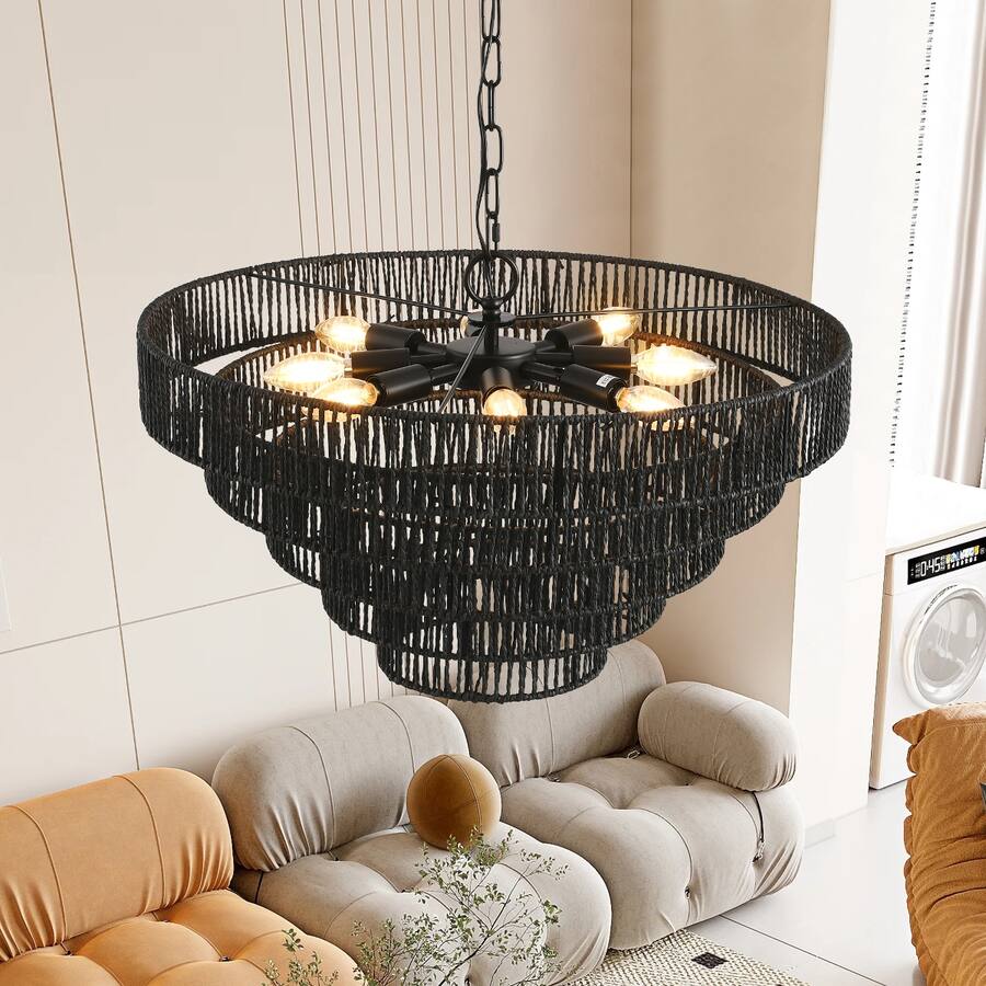 Light Fixture Rope Rustic Loheer 24 Inch Black Hemp Rope Chandelier, 5 Tier Rustic Pendant Light ...