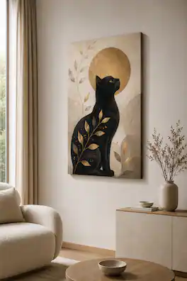 FC Design - Large Elegant Black Cat Canvas Print 24x36"-Ready-to-Hang Minimal Feline Accent Art Painting Home Wall Décor - MultiColor