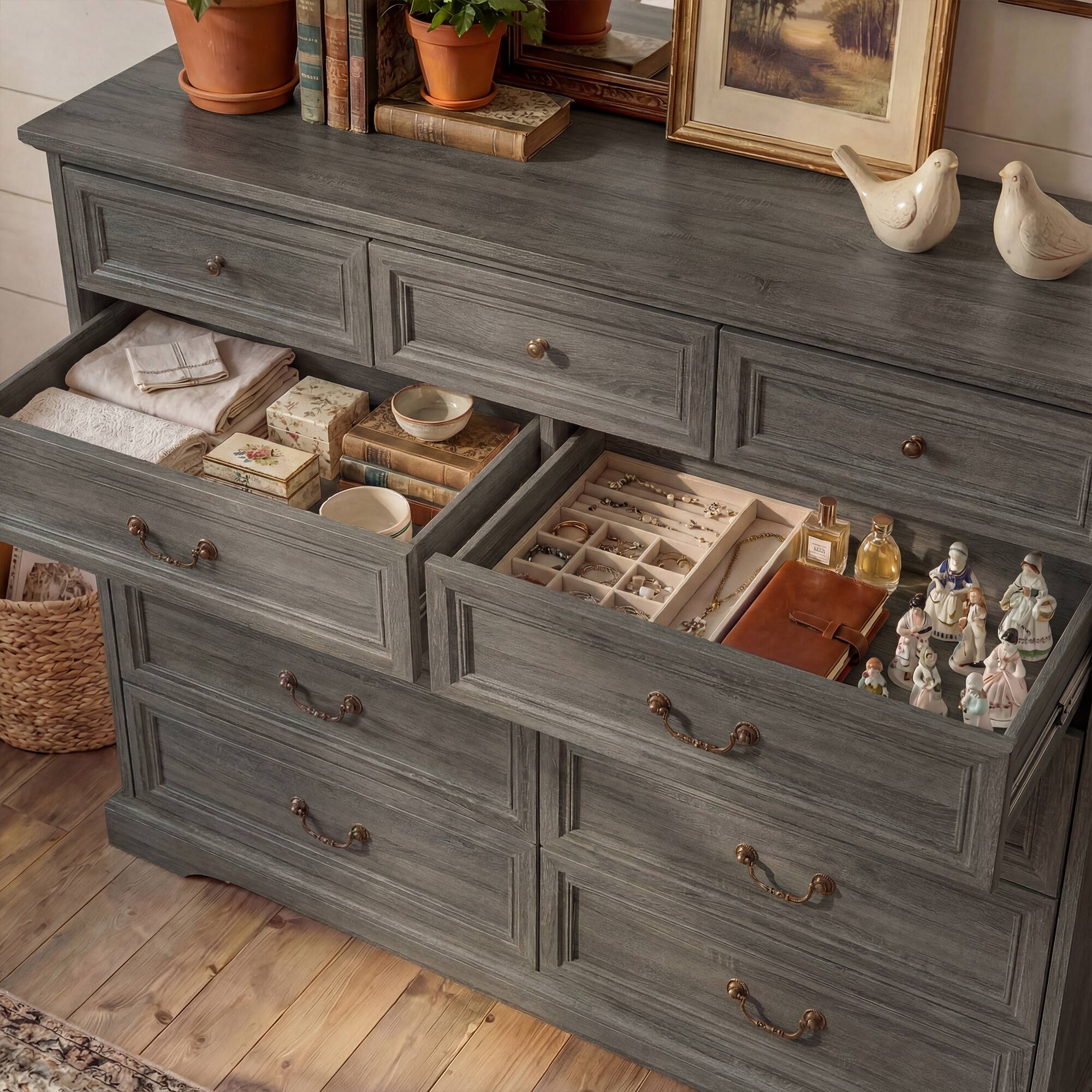 Alt View 1. FUFU&GAGA - Classic 9-Drawer Dresser Chest-Large Bedroom Storage Tower with 3 Small & 6 Large Drawers Clothes Organizer for Bedroom - Distressed gray.