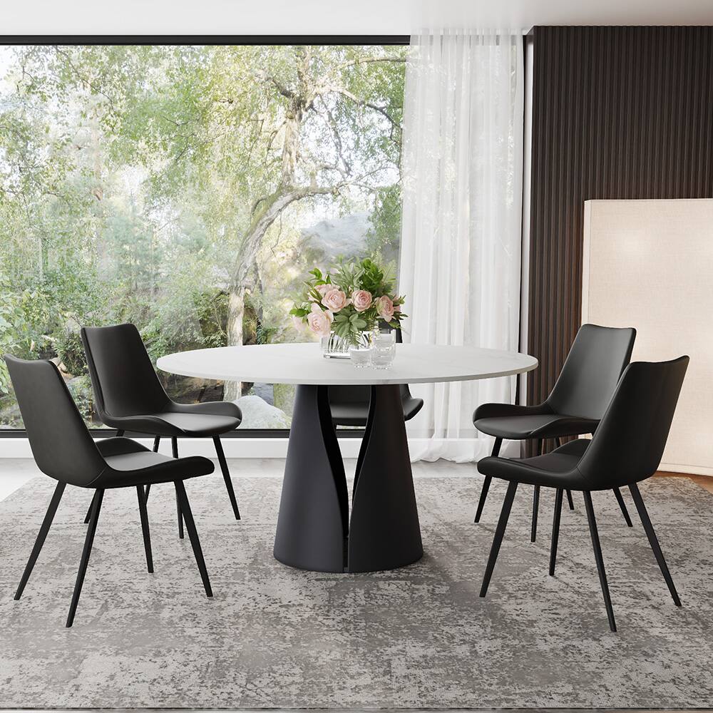 Angle. POVISON - 59" Modern Round White Dining Table for 6, Matte Sintered Stone Tabletop, Solid Black Carbon Steel Base - Matte White Sintered Stone & Black Steel Base.