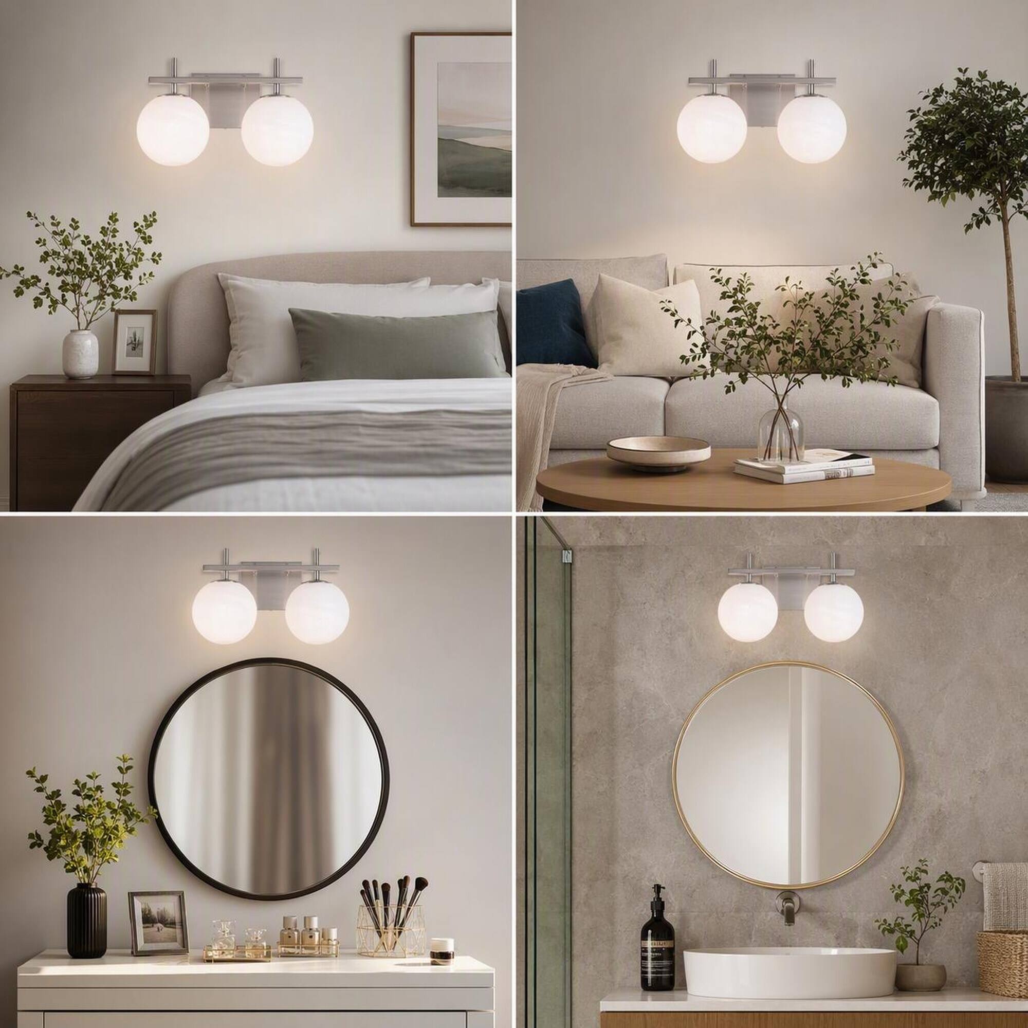 Alt View 1. RYHNUYNE - 2-Light Modern Bathroom Vanity Light, Nickel Finish Wall Sconce with White Marble-Look Globe Shades.