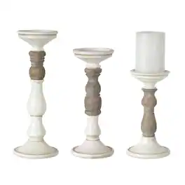 BreeBe - Ivory Candle Holder with Wood Accent (Set of 3) - White, Brown