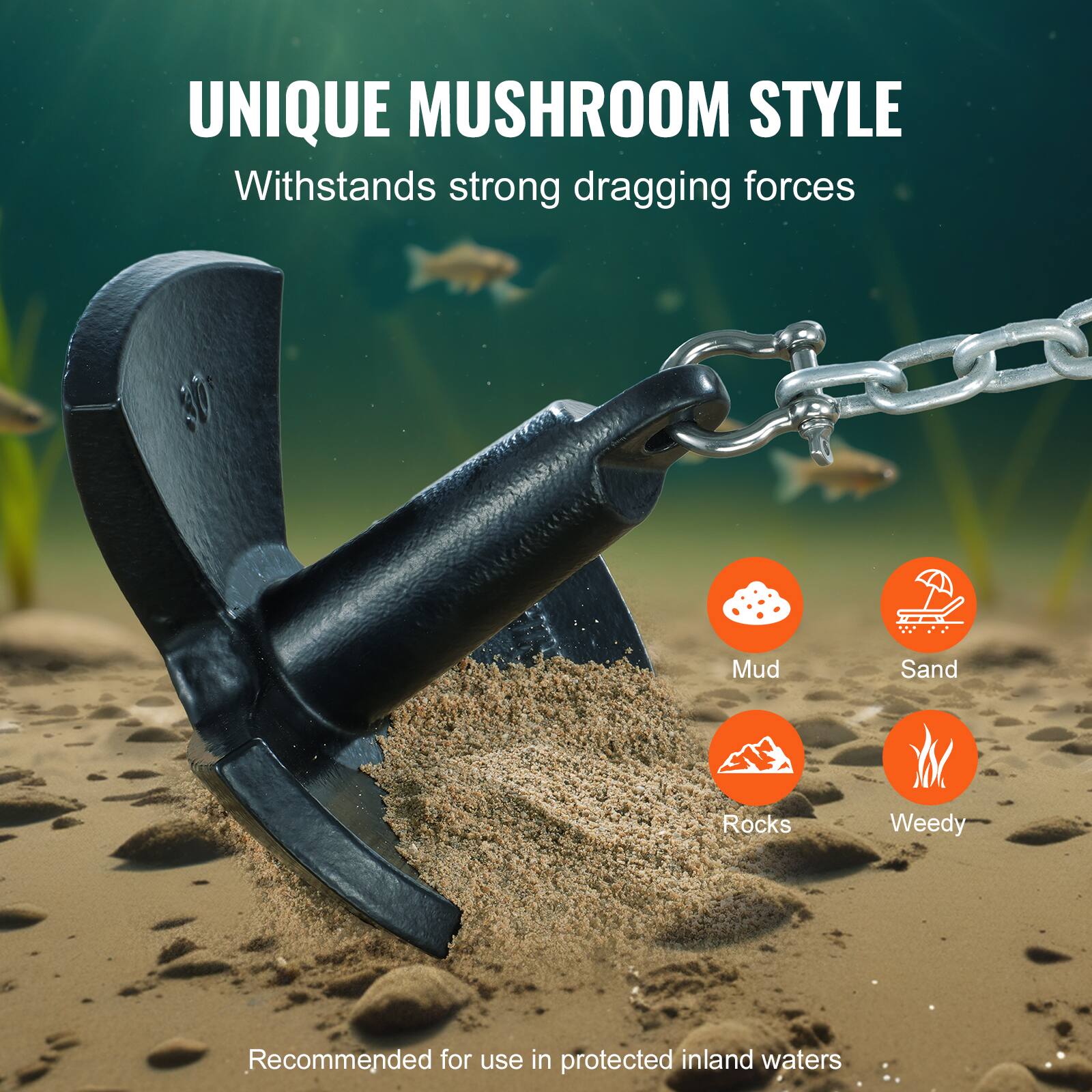 UNIQUE MUSHROOM STYLE  
Withstands strong dragging forces  

Mud  
Sand  
Rocks  
Weedy  

Recommended for use in protected inland waters