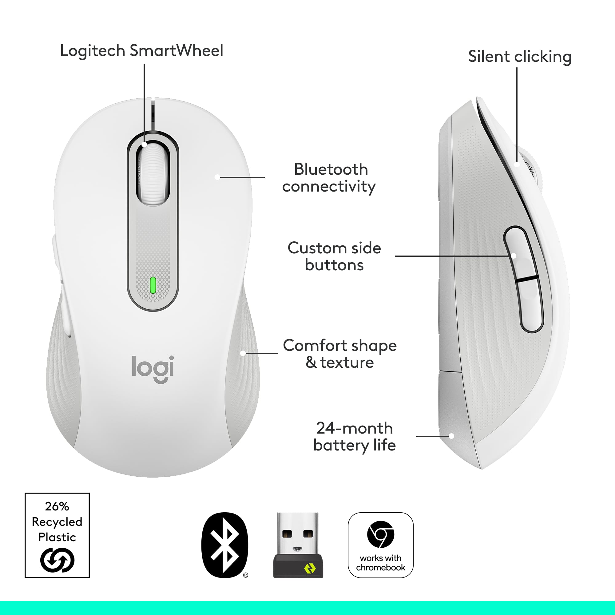 Logitech SmartWheel Silent clicking Bluetooth connectivity I Custom side buttons logi Comfort shape & texture 24-month battery life 26% Recycled Plastic works with chromebook.
