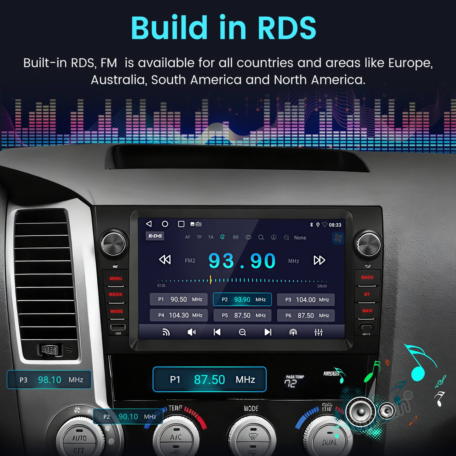 Build in RDS

Built-in RDS, FM is available for all countries and areas like Europe, Australia, South America and North America.