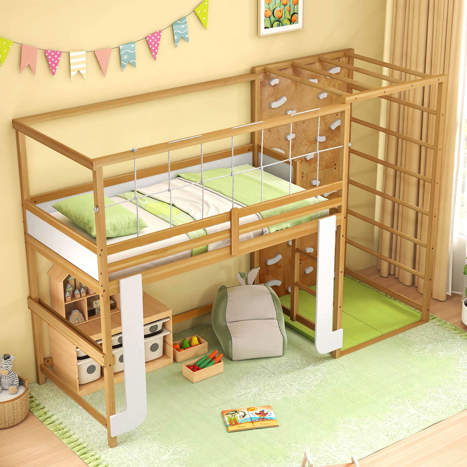 Alt View 3. Costway - Costway Twin Bunk Bed with Jungle Gym, Climbing Ladder, Rock Wall & Monkey Bar - Natural,White.