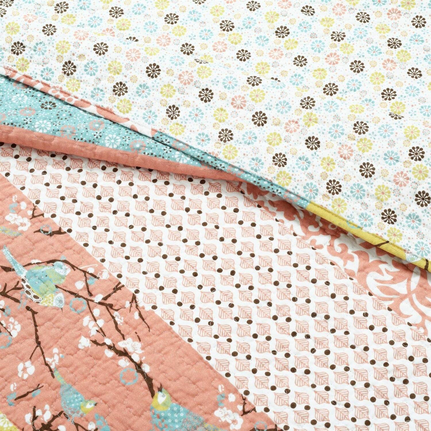 Back. Hivvago - King size Blue Yellow Pink Ivory Boho Floral Reversible Lightweight Quilt Set - Blue Yellow Pink Ivory.