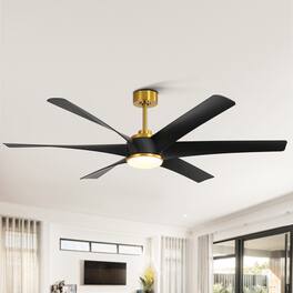 Breezary - 65" Large Indoor Ceiling Fan with Remote Control, 6 ABS Blades, 6-Speed DC Motor, 7"/12" Downrods, Light/No Light Option - Gold and Black (With Light)