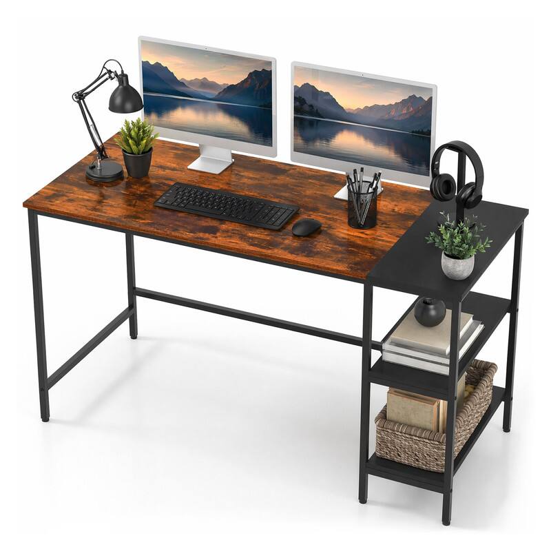 Left. WELLFOR - 55" Industrial Computer Desk with Storage Shelves, Home Office Desk Study Writing Desk - Brown.