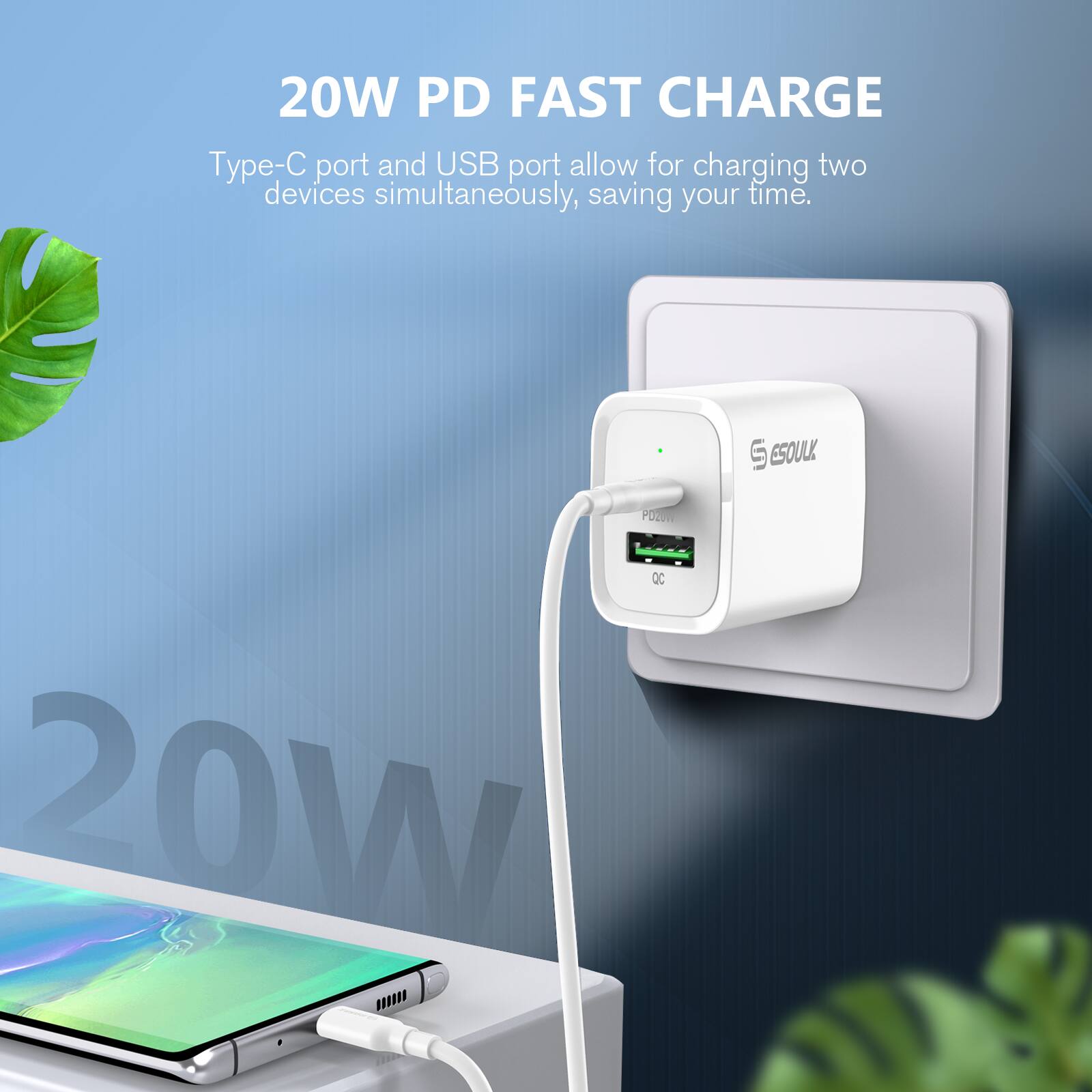 20W PD FAST CHARGE

Type-C port and USB port allow for charging two devices simultaneously, saving your time.