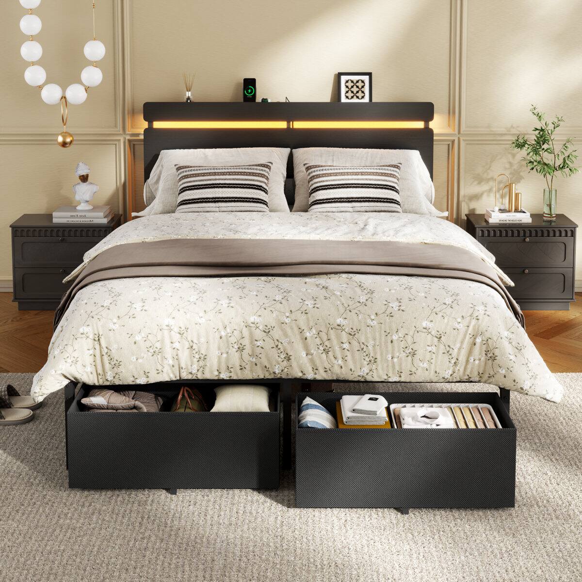 Left. Furnulem - Platform Bed with 2 Drawers and Open Storage Headboard Adjustable LED Light and Charging Station - Black.