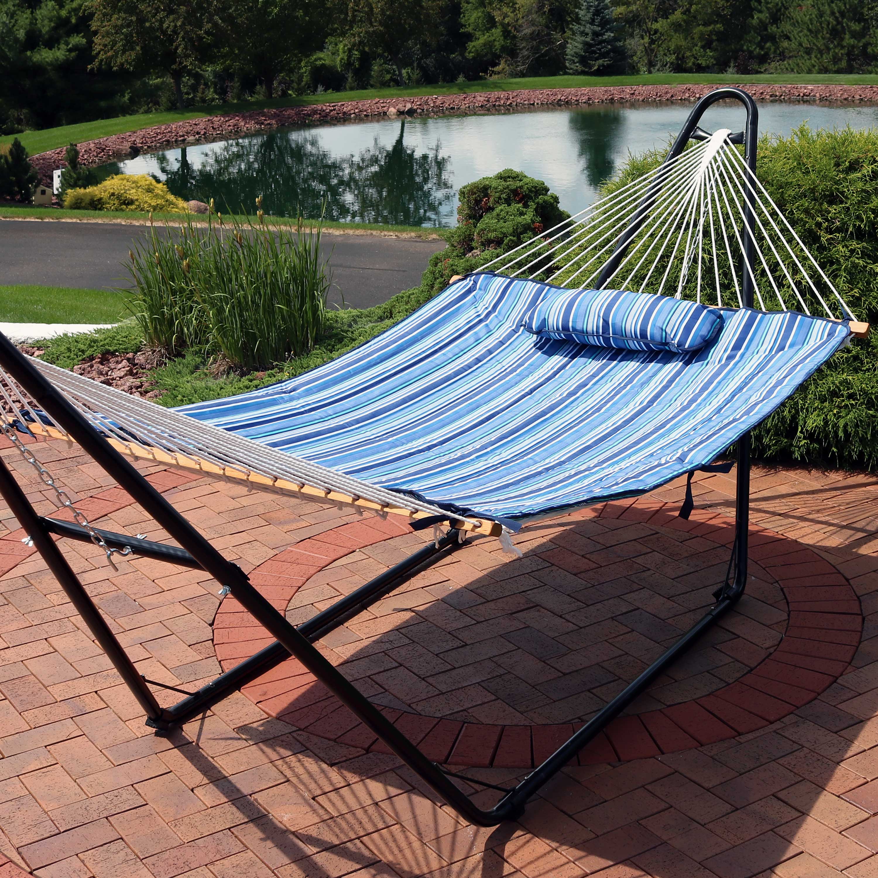 Alt View 3. Sunnydaze - Outdoor Polyester Hammock Pad and Pillow Set - Breakwater Stripe.