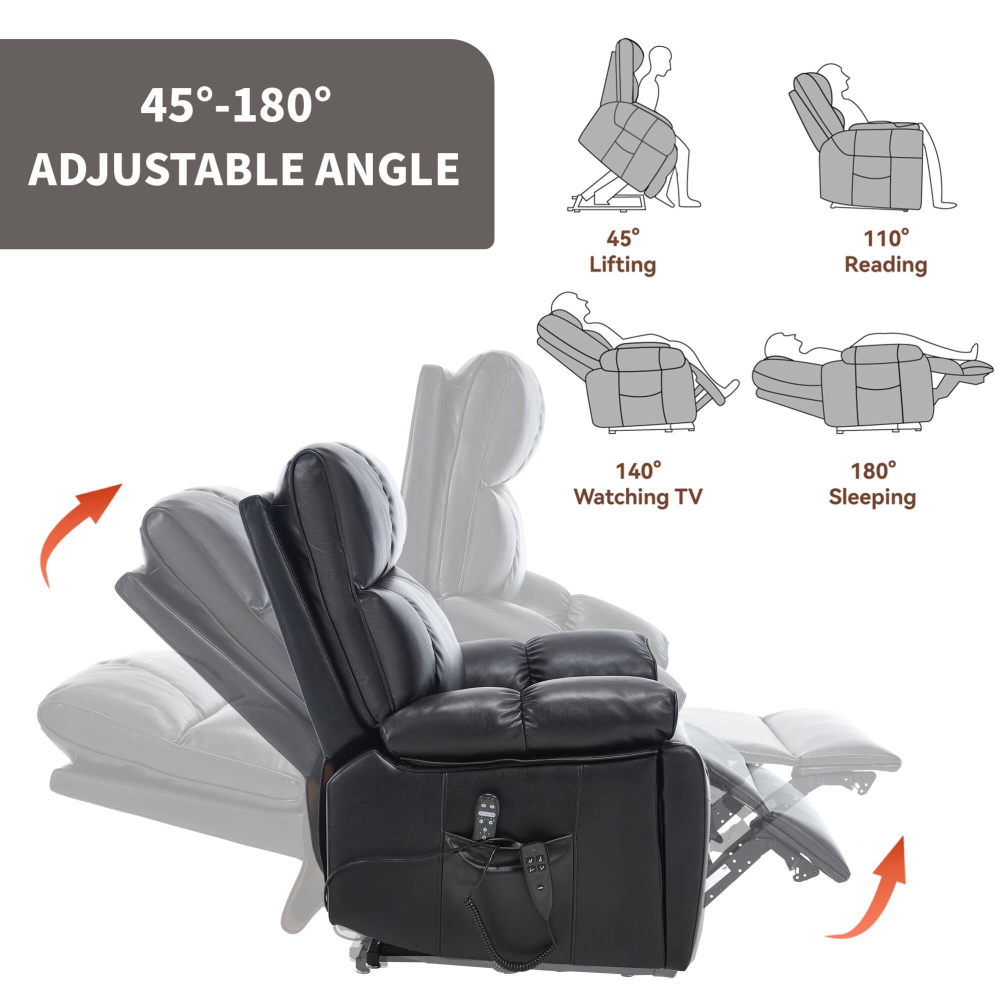 45°-180° Adjustable Angle

45° Lifting  
110° Reading  
140° Watching TV  
180° Sleeping