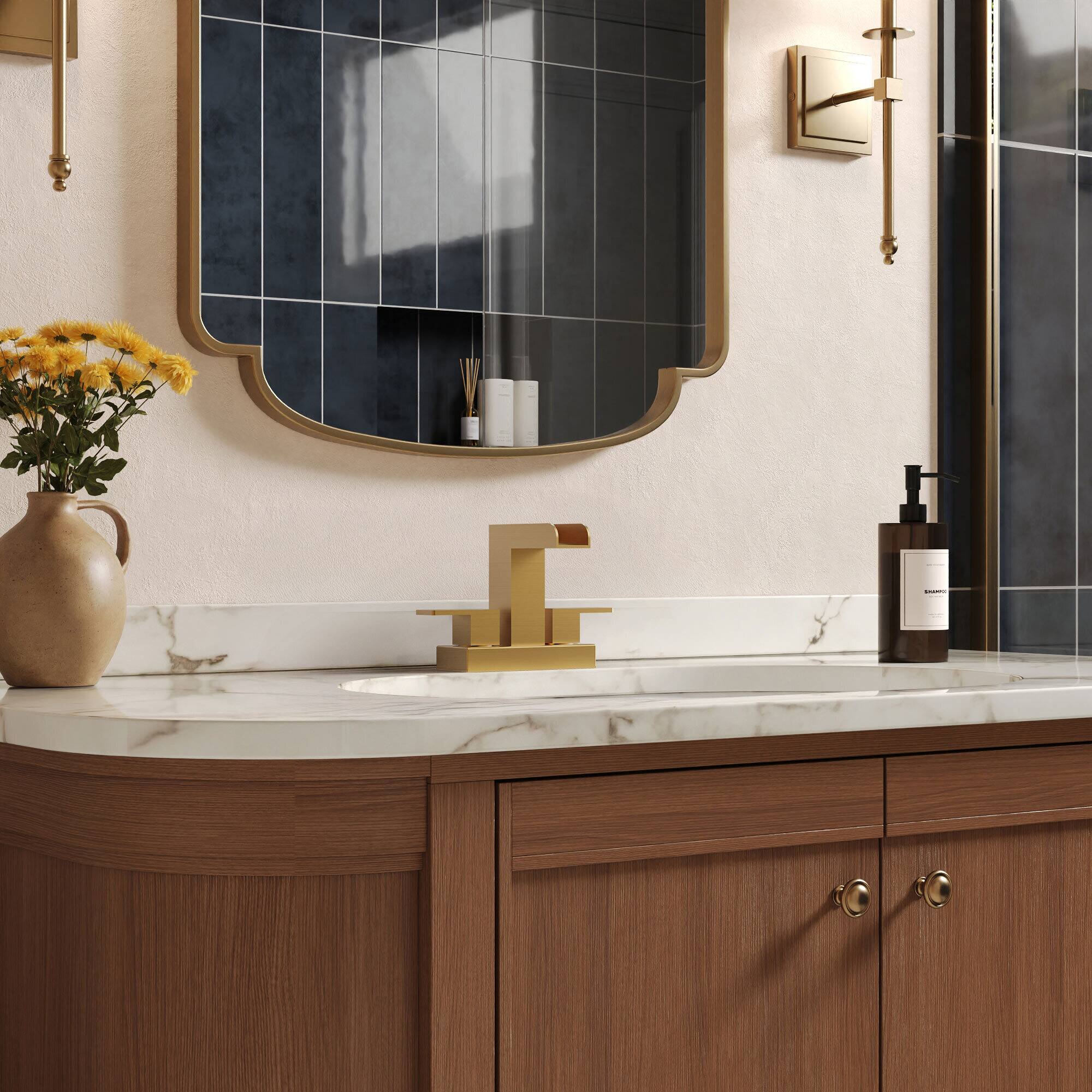 Left. GRANDJOY - Modern Waterfall Bathroom Faucet Dual Handle Rectangular Open-Channel Spout Solid Copper for Vanity Sink - Brushed Gold.