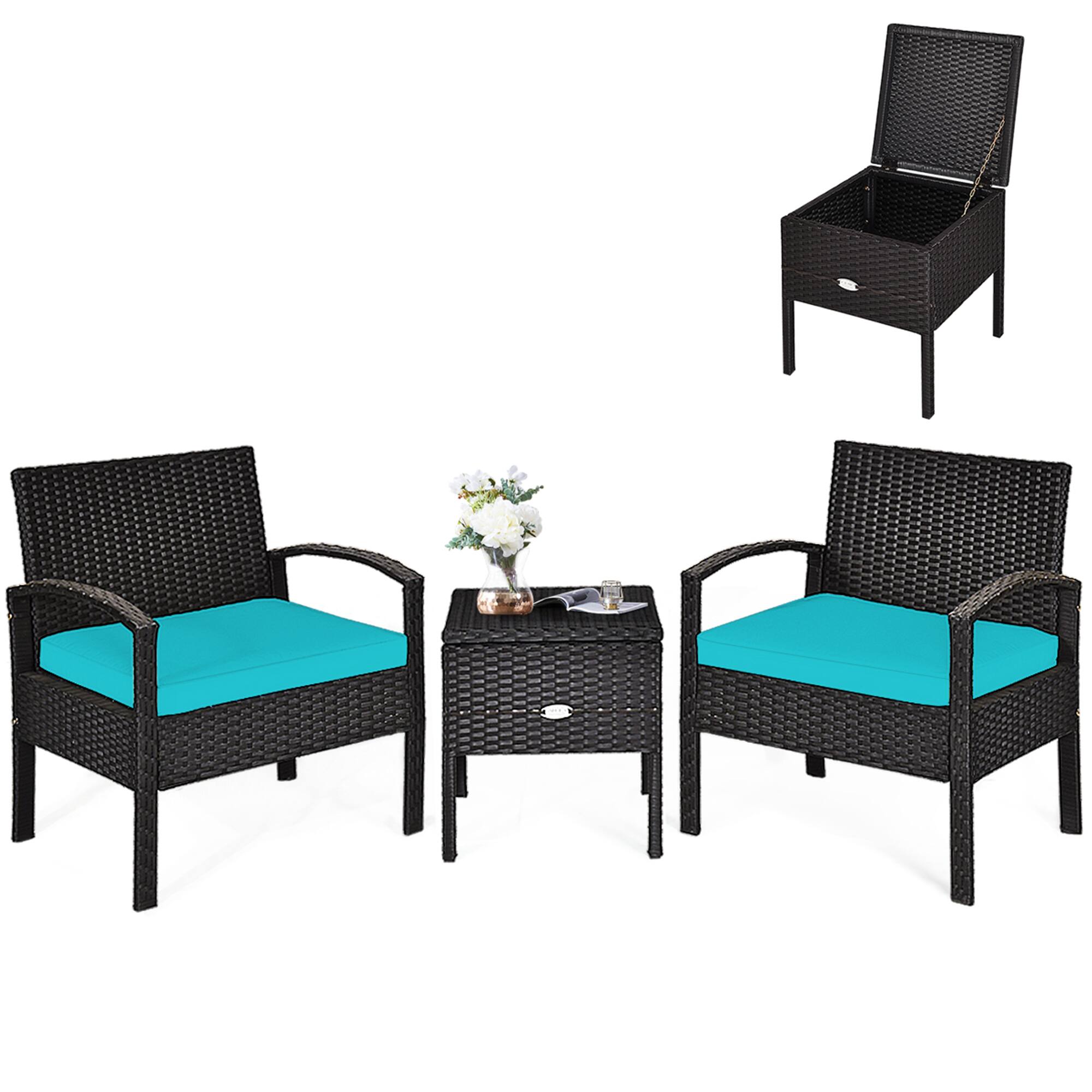 Alt View 4. Gymax - Gymax 3PCS Rattan Patio Conversation Furniture Set w/ Storage Table Turquoise Cushion - Turquoise.