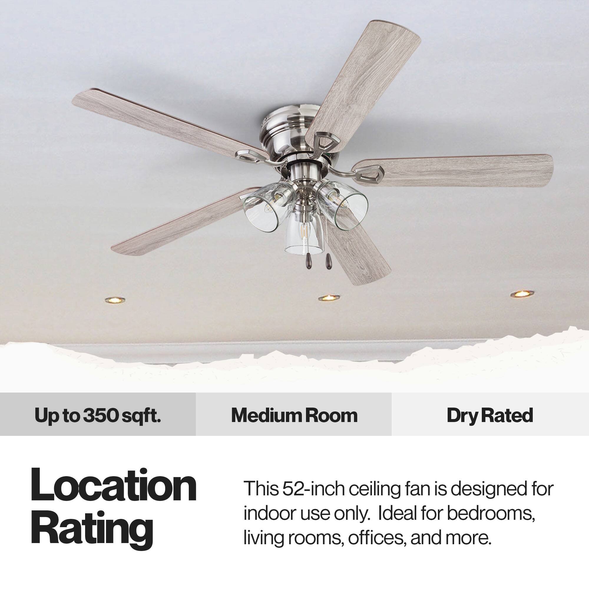 Up to 350 sqft. Medium Room Dry Rated

Location Rating

This 52-inch ceiling fan is designed for indoor use only. Ideal for bedrooms, living rooms, offices, and more.