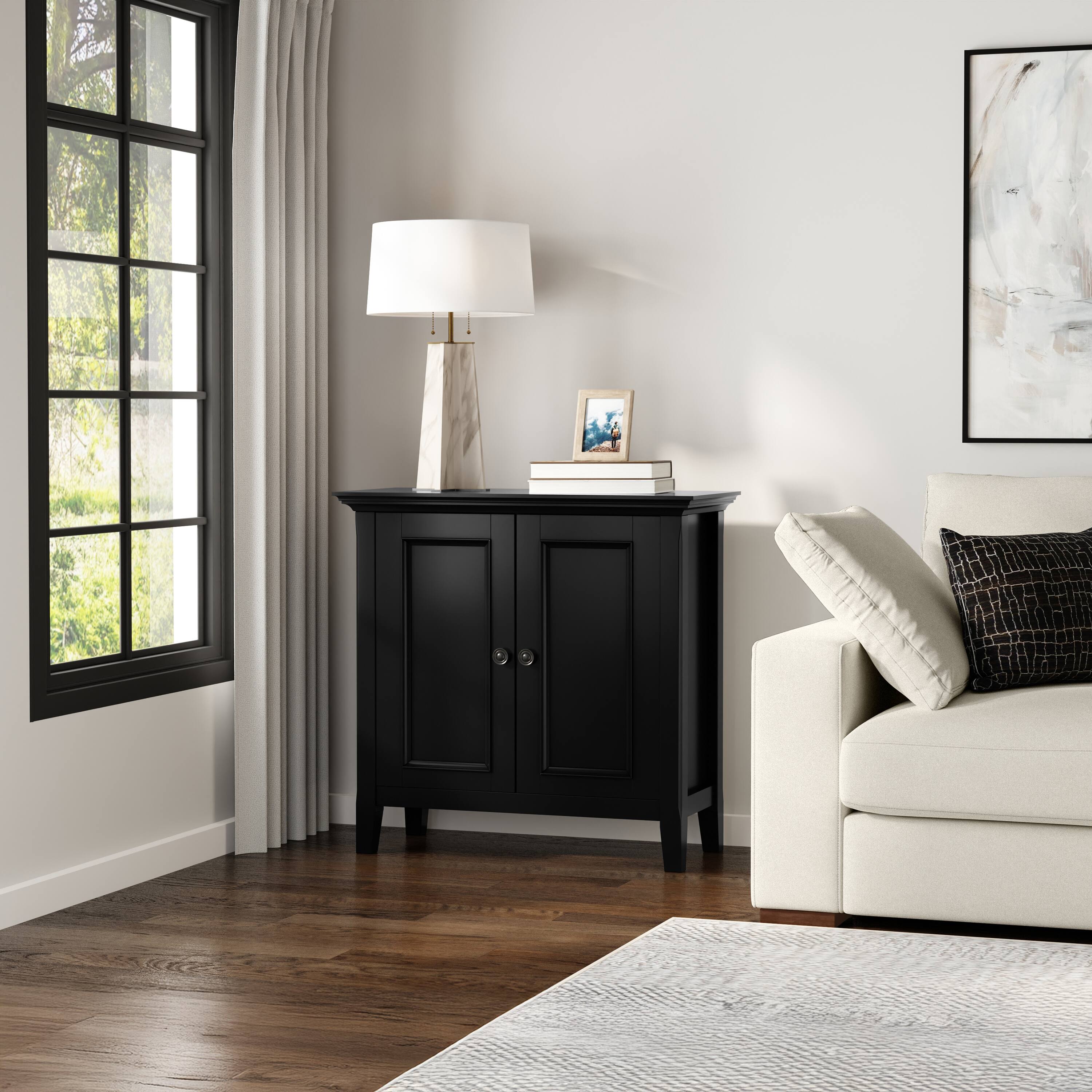 Left. Simpli Home - Simpli Home Amherst 32 inch Wide Solid Wood Transitional Low Storage Cabinet - Black.