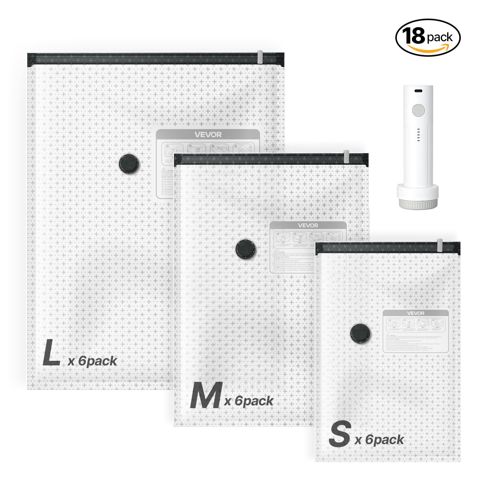 VEVOR - Vacuum Storage Bags, 18 Pack Space Saver Vacuum Seal Bags for Clothing, with Pump and Charging Cable, Double Zipper Seal - Gray