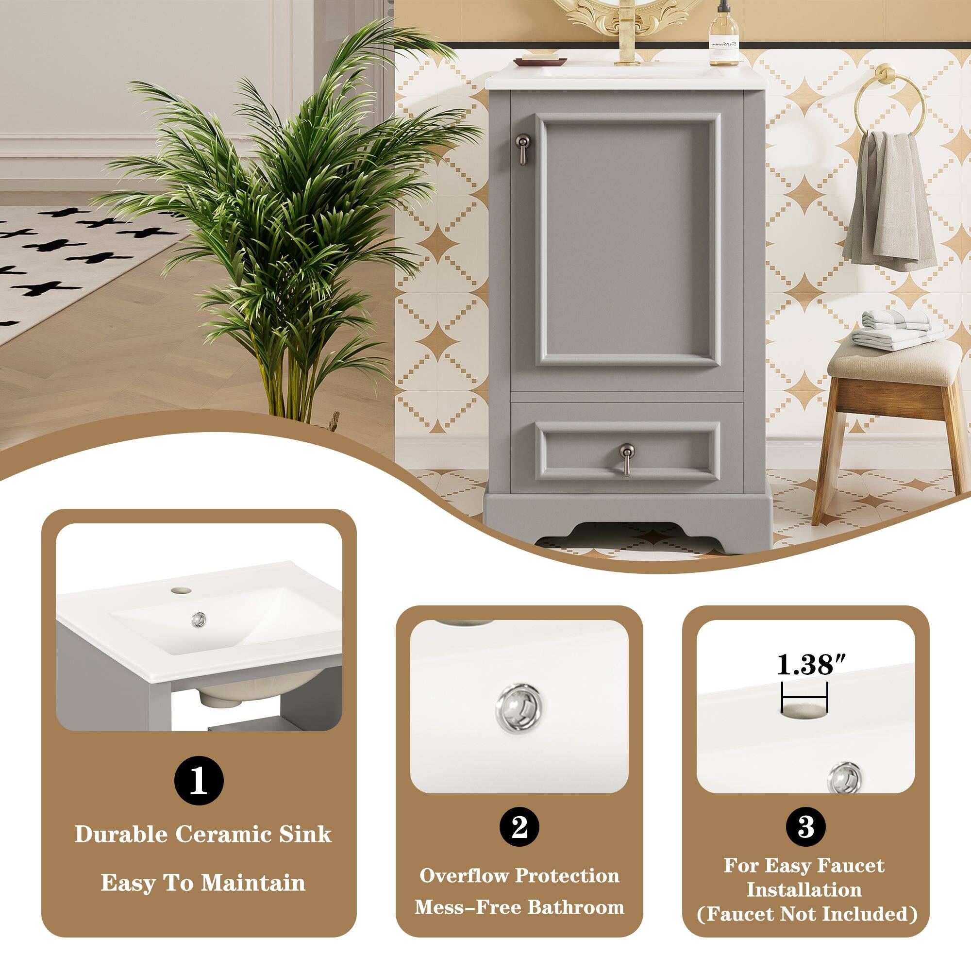 1. Durable Ceramic Sink  
   Easy To Maintain

2. Overflow Protection  
   Mess-Free Bathroom

3. For Easy Faucet Installation  
   (Faucet Not Included)