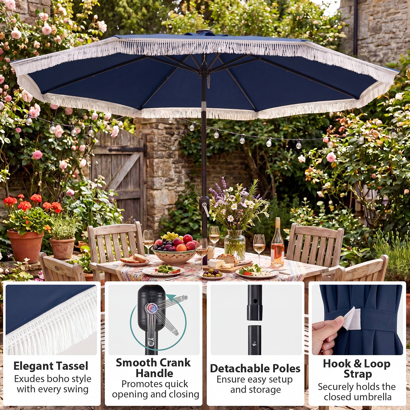 Elegant Tassel  
Exudes boho style with every swing  

Smooth Crank Handle  
Promotes quick opening and closing  

Detachable Poles  
Ensure easy setup and storage  

Hook & Loop Strap  
Securely holds the closed umbrella