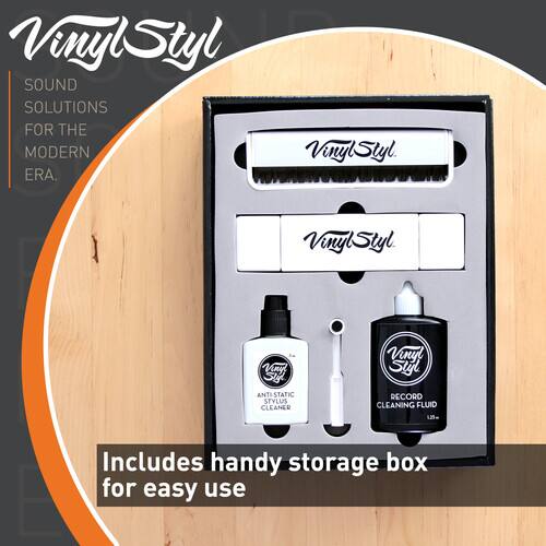 VinylStyl  
SOUND SOLUTIONS FOR THE MODERN ERA.

VinylStyl  
VinylStyl

VinylStyl  
ANTI STATIC STYLUS CLEANER

VinylStyl  
RECORD CLEANING FLUID 125 ML

Includes handy storage box for easy use