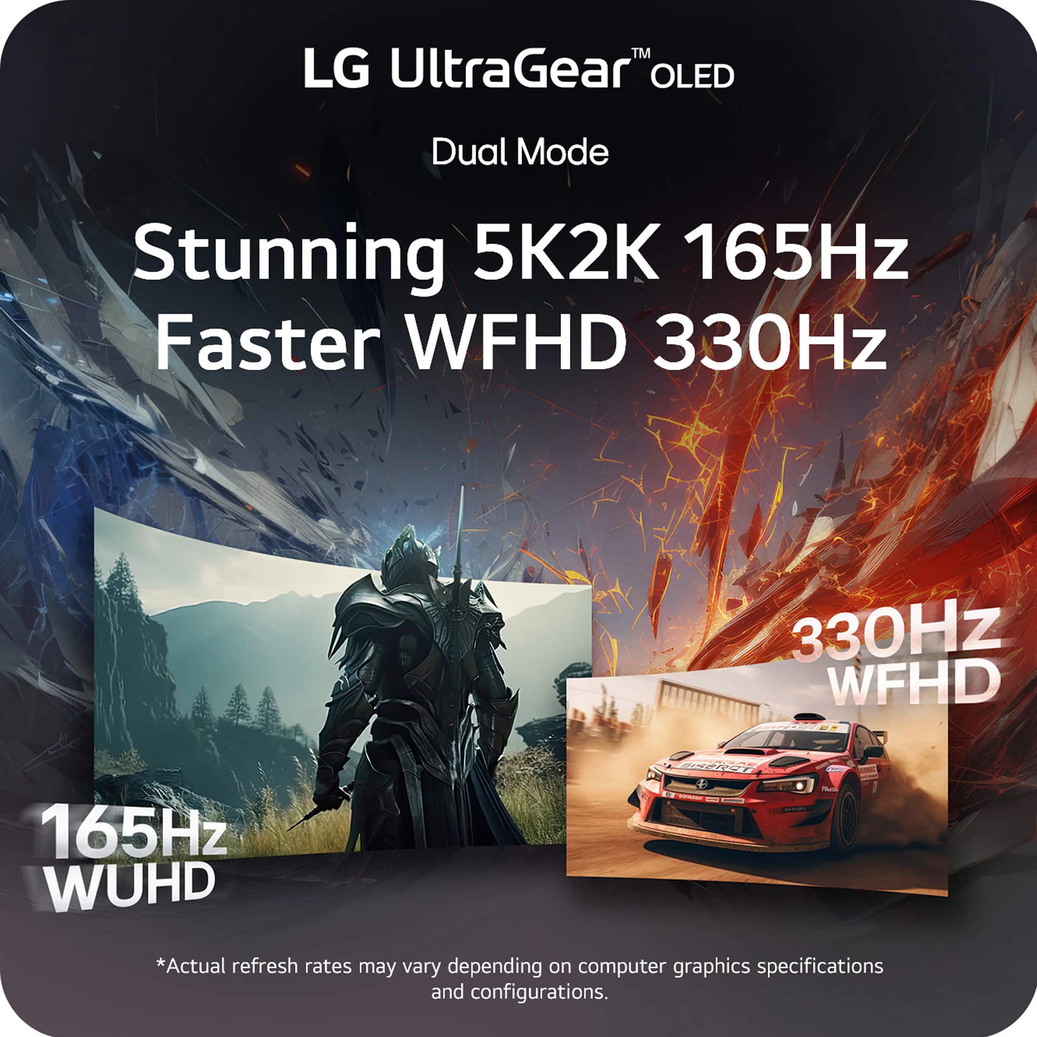 TM LG UltraGear OLED Dual Mode Stunning 5K2K 165Hz Faster WFHD 330Hz 330Hz WFHD 165Hz WUHD *Actual refresh rates may vary depending on computer graphics specifications and configurations.