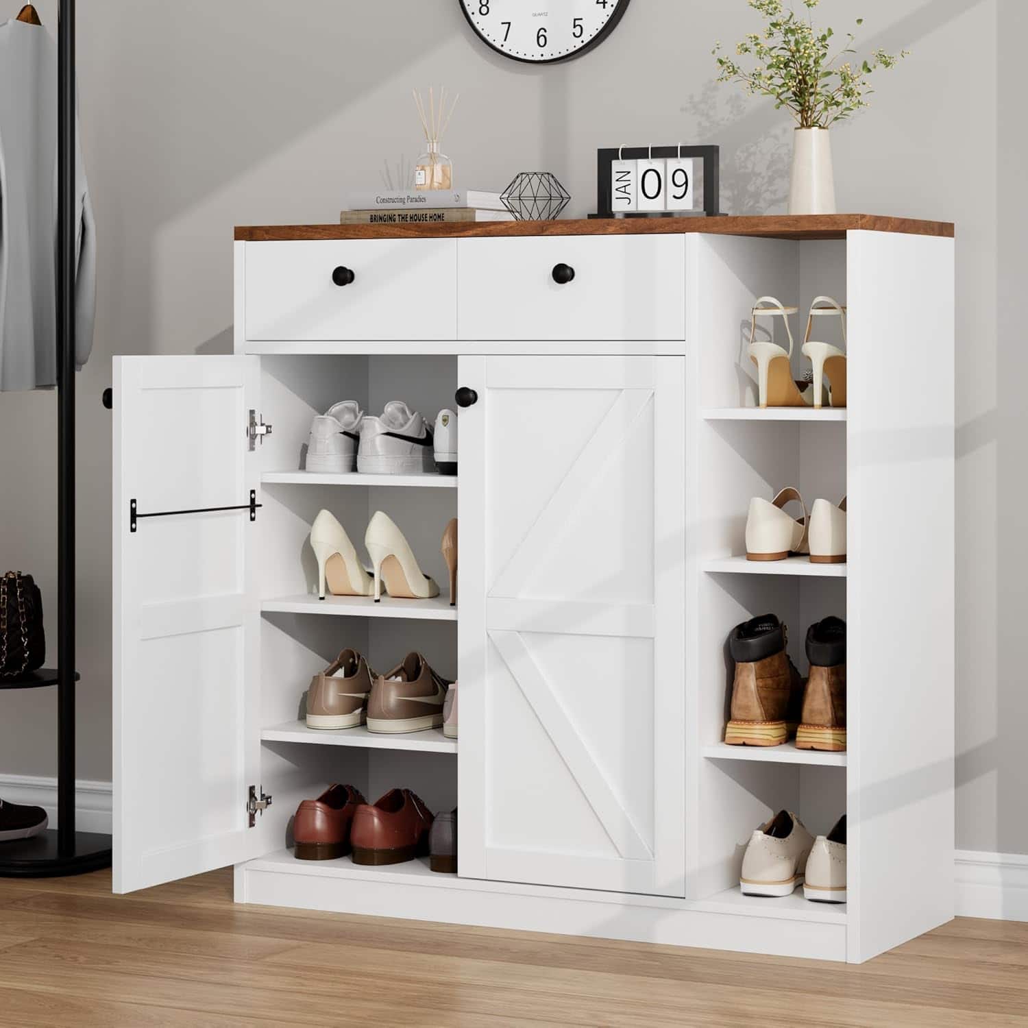 Acekool - 42" Tall Shoe Storage Cabinet with Doors & Drawers, 4-Tier Entryway Shoe Organizer, Adjustable Shelves - White