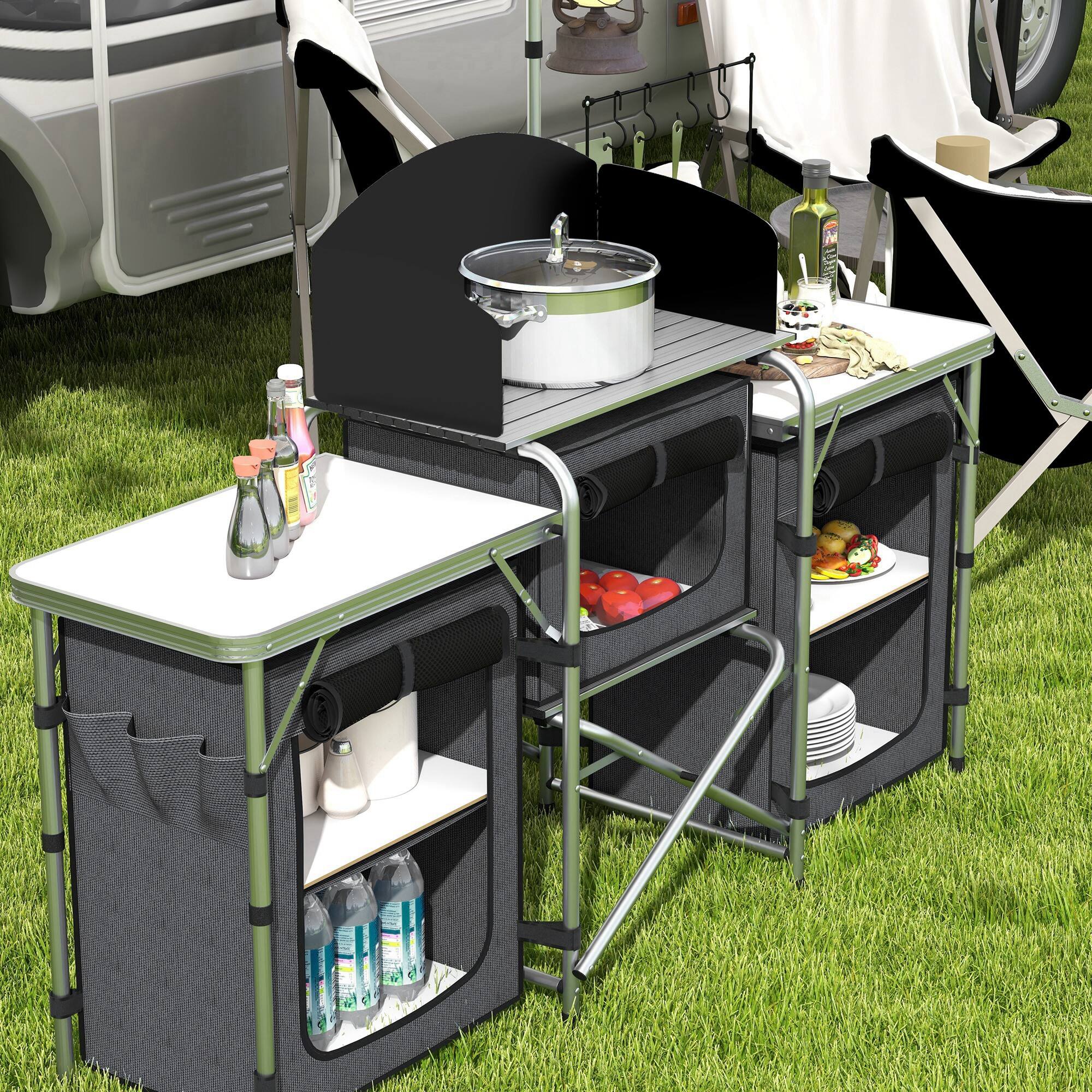 Alt View 7. Outsunny - Camping Kitchen, Portable Folding Camping Table with Fabric Cupboards, Windshield, Bag for BBQ - Black.