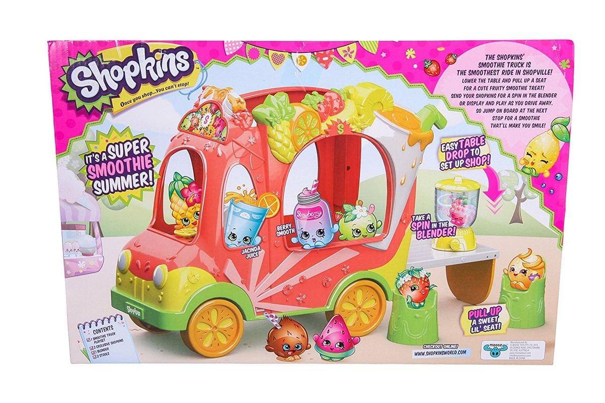 Shopkins  
Once you shop... You can't stop!  
IT'S A SUPER SMOOTHIE SUMMER!  

JACINDA JUICE  
Simberry BERRY SMOOTH  

THE SHOPKINS' SMOOTHIE TRUCK IS THE SMOOTHEST RIDE IN SHOPVILLE!  
LOWER THE TABLE AND PULL UP A SEAT FOR A CUTE FRUITY SMOOTHIE TREAT!  
SEND YOUR SHOPKINS FOR A SPIN IN THE BLENDER OR DISPLAY AND PLAY AS YOU DRIVE AWAY.  
SO JUMP ON BOARD AT THE NEXT STOP FOR A SMOOTHIE THAT'LL MAKE YOU SMILE!  

EASY TABLE DROP TO SET UP SHOP!  
TAKE A SPIN IN THE BLENDER!  
PULL UP A SWEET LIL' SEAT!  

CONTENTS:  
- 1 SMOOTHIE TRUCK  
- 1 BLENDER  
- 2 STOOLS  

CHECKOUT ONLINE!  
WWW.SHOPKINSWORLD.COM