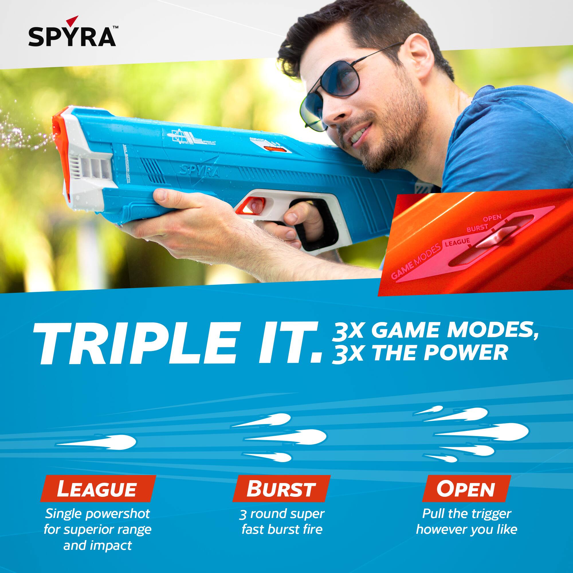 - SPYRA ES | 1 CCRE SPYRA - OPEN BURST LEAGUE MODES GAME 3X GAME MODES, TRIPLE IT. 3X THE POWER LEAGUE Single powershot for superior range and impact BURST 3 round super fast burst fire OPEN Pull the trigger however you like

TRIPLE IT. 3X GAME MODES, 3X THE POWER

LEAGUE
Single powershot for superior range and impact

BURST
3 round super fast burst fire

OPEN
Pull the trigger however you like