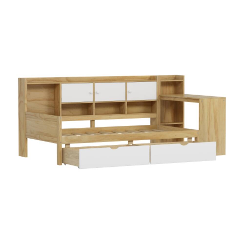 Alt View 5. LUCKY ONE - Twin Size Wooden L-Shape Daybed with 7 Storage Cabinets, 2 Drawers, Study Desk, Bookshelf, No Box Spring Needed - Natural+White.